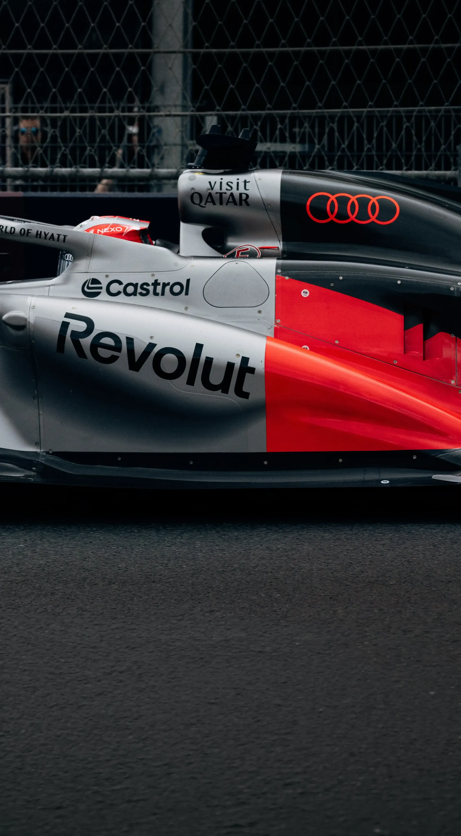 Close-up of the front wing and side of the Audi R26 on the Dutch Grand Prix grid.