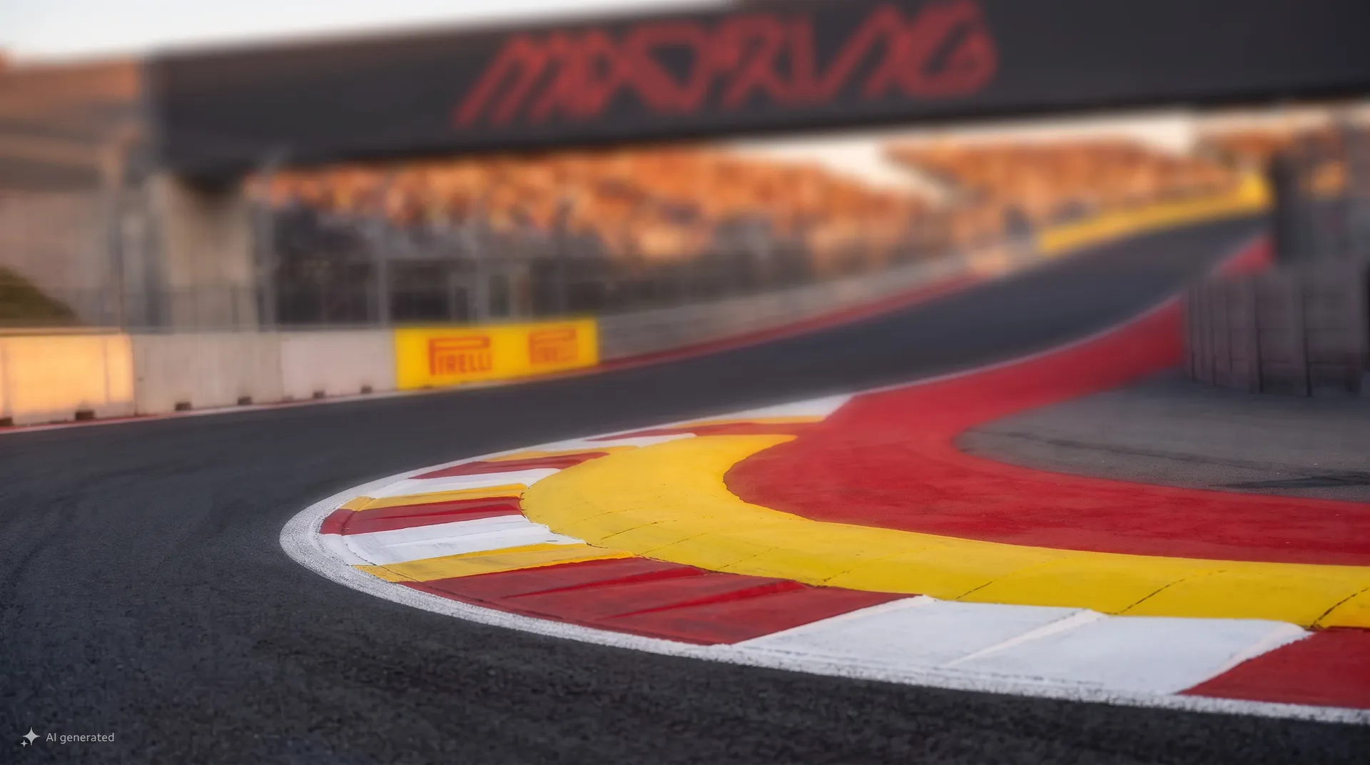 Close up of the red, yellow and white kerbs at MADRING, the circuit hosting the Spanish Grand Prix in Madrid.