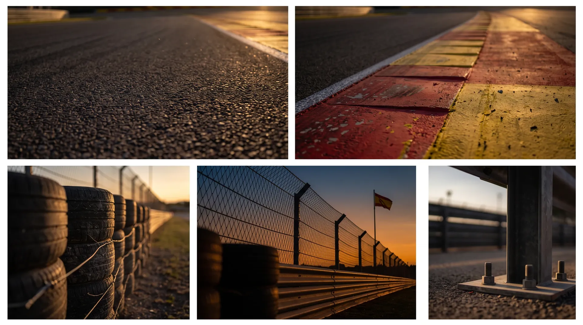 Detailed views of the MADRING circuit in Madrid, showing the asphalt, red and yellow kerbs, tyre barriers, safety fencing and trackside infrastructure.