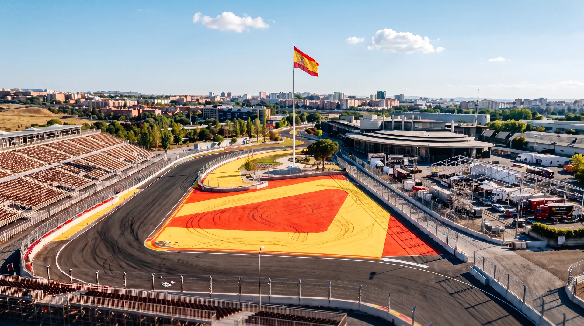 Aerial view of MADRING in Madrid, showing a corner with red and yellow run off areas and a large Spanish flag beside the circuit.