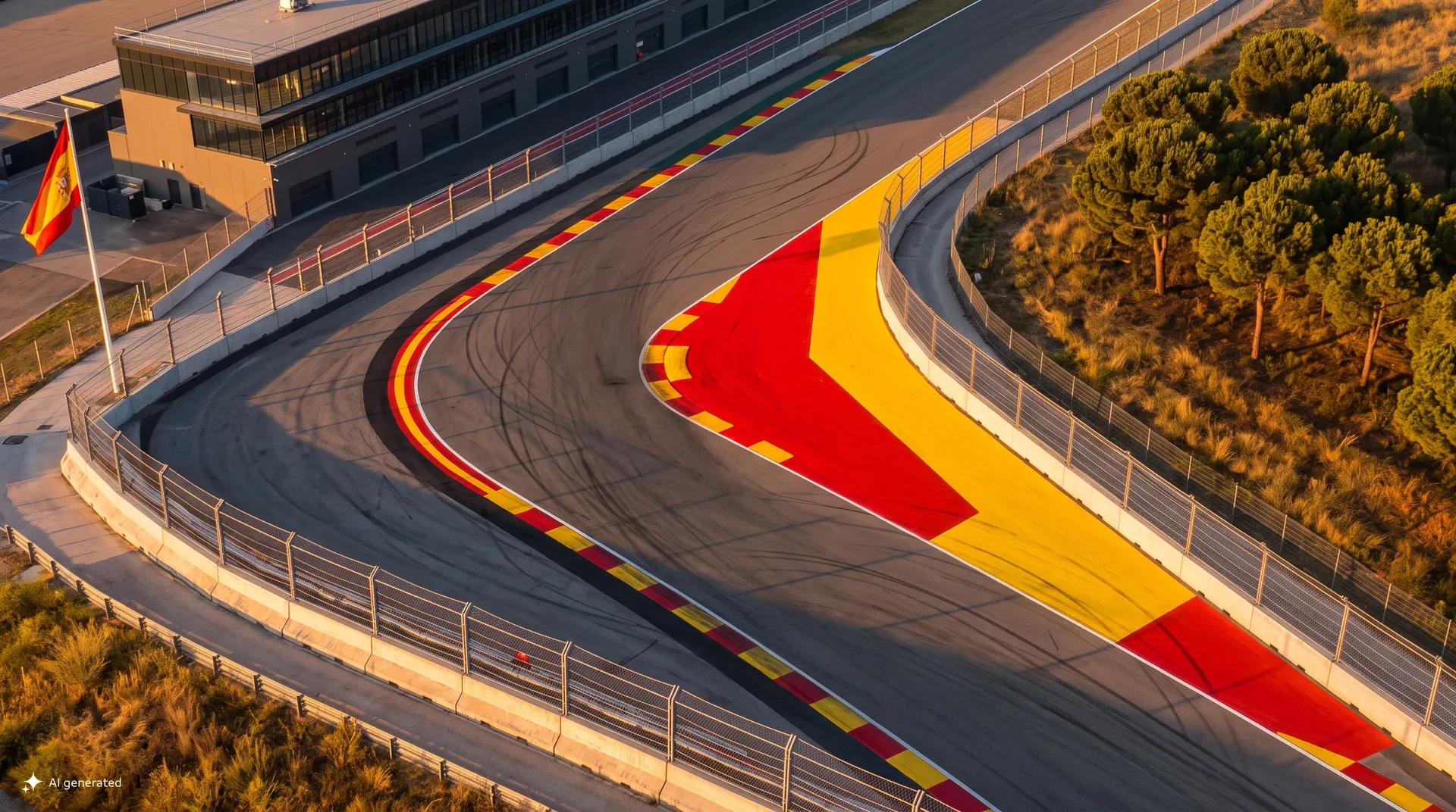 Aerial view of a sweeping section of MADRING in Madrid, with red and yellow kerbs, run off areas, safety fencing and surrounding trees.