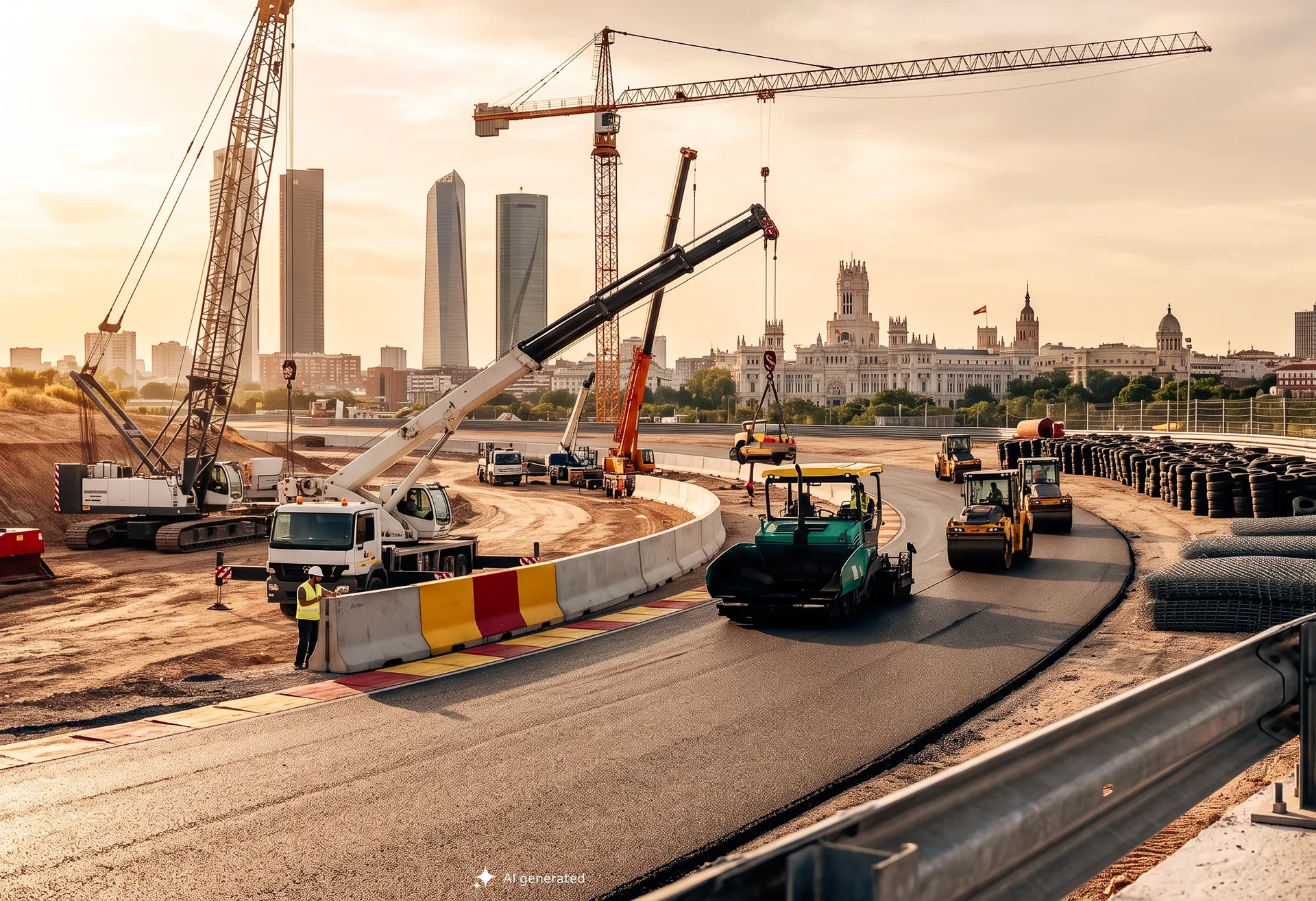 Construction of MADRING in Madrid, with cranes, construction vehicles and paving machinery working on the circuit ahead of the Spanish Grand Prix.