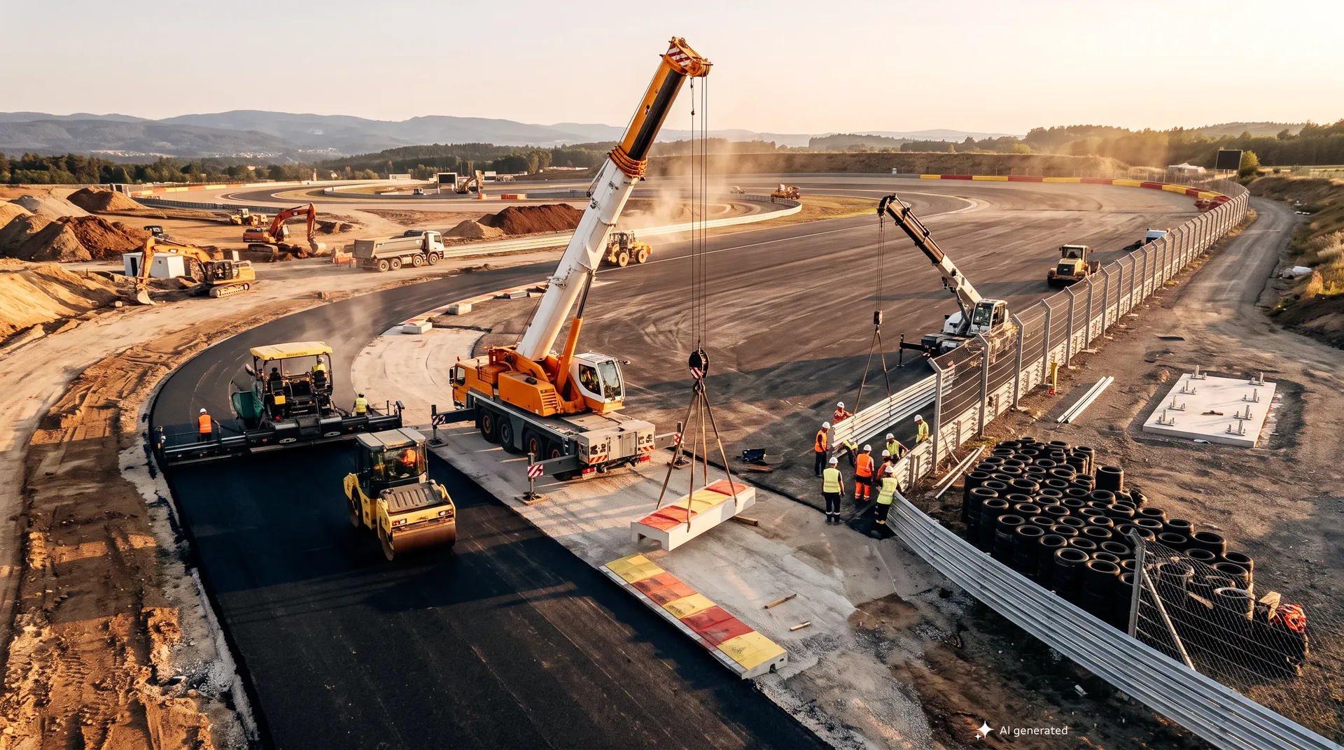Aerial view of construction work at MADRING in Madrid, showing newly laid asphalt, cranes, construction workers, safety barriers and tyre walls.