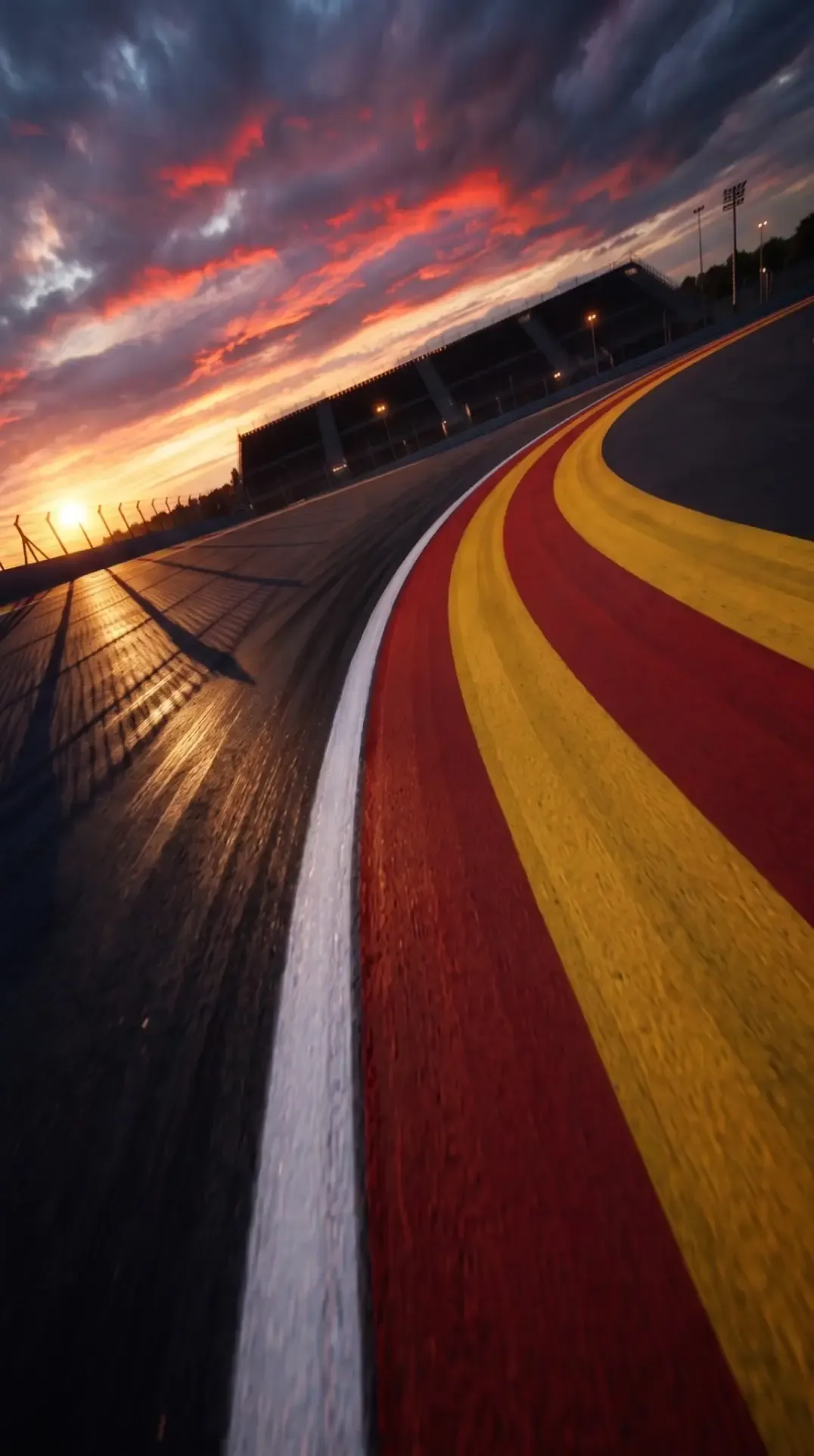 Flyby on the MADRING circuit in Madrid, showing the asphalt, red and yellow kerbs, tyre barriers, safety fencing and trackside infrastructure.