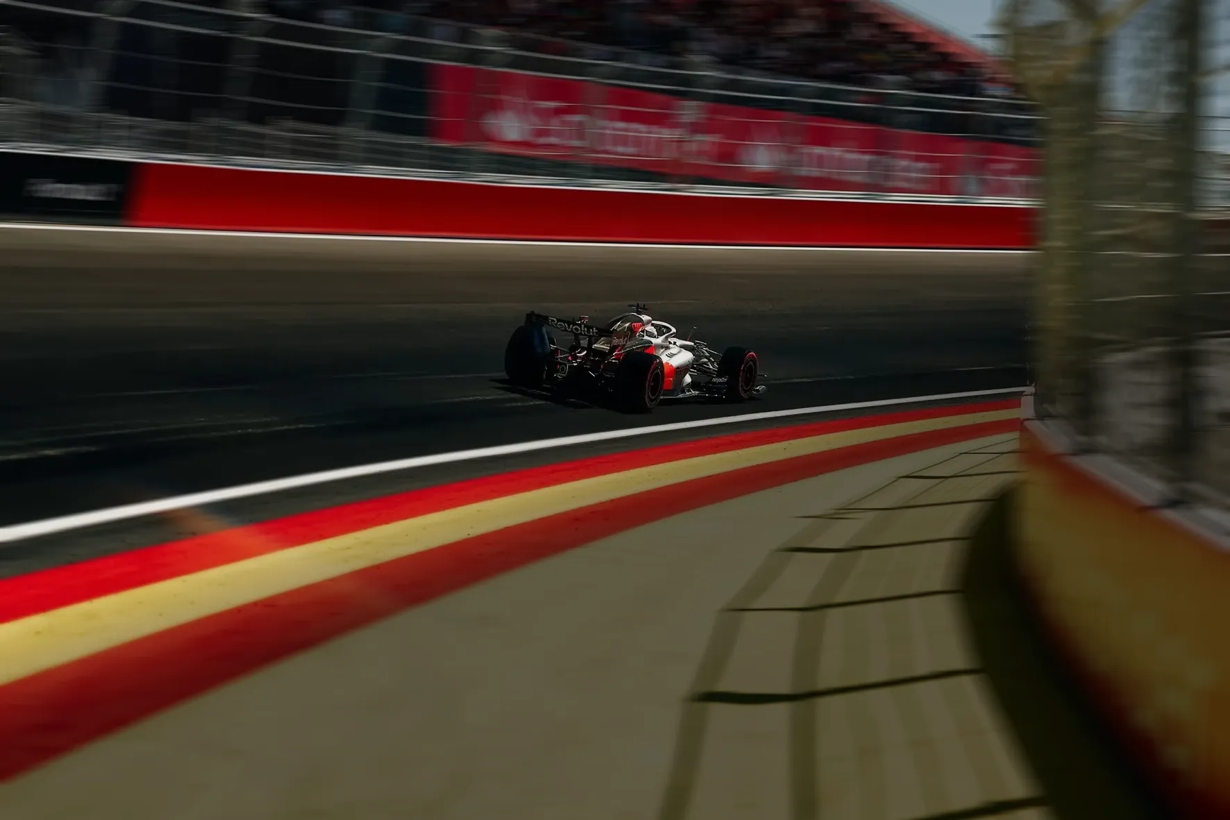 Audi Revolut F1® Team car R26 at high speed on the racetrack at the Spanish Grand prix 2026 in Madrid