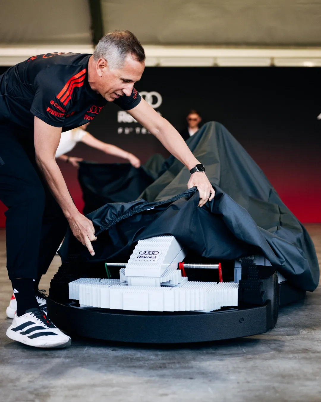 A full-size LEGO Audi Formula-style race car on display at the British Grand Prix.