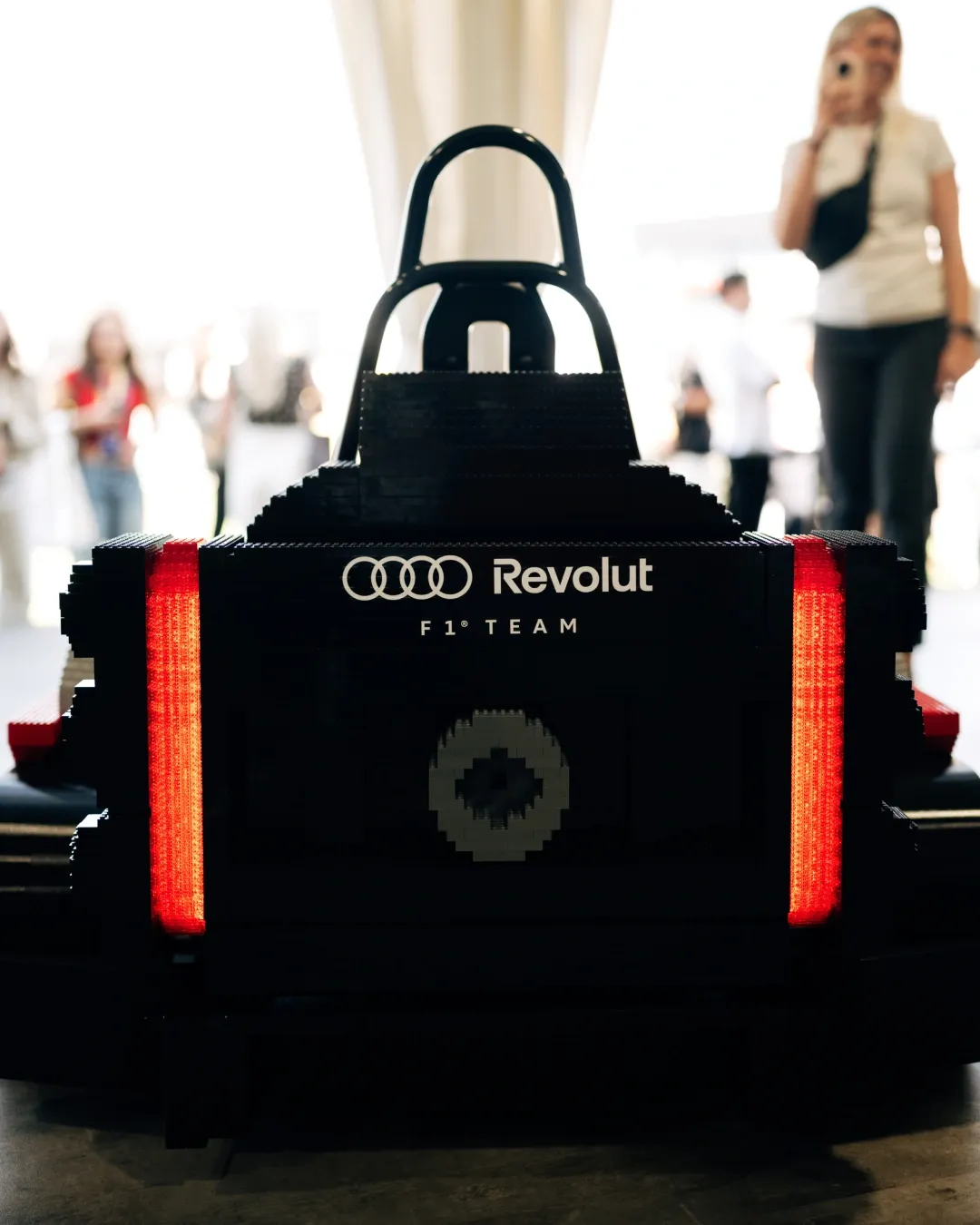 Rear view of a full-size LEGO Audi Formula-style race car on display at the British Grand Prix.