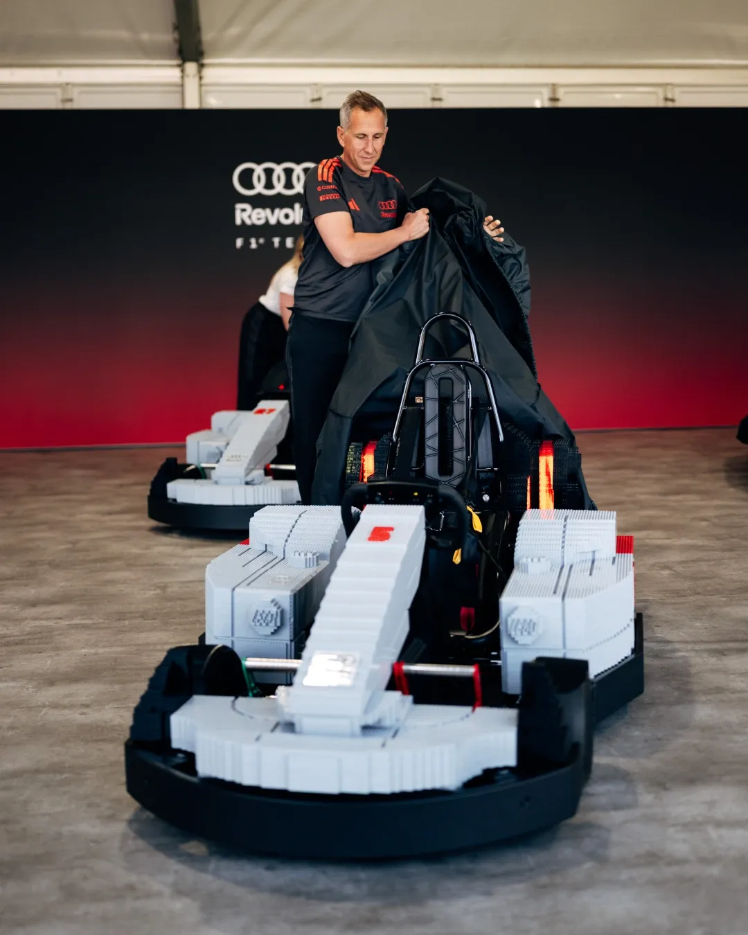 A full-size LEGO Audi Formula-style race car on display at the British Grand Prix.