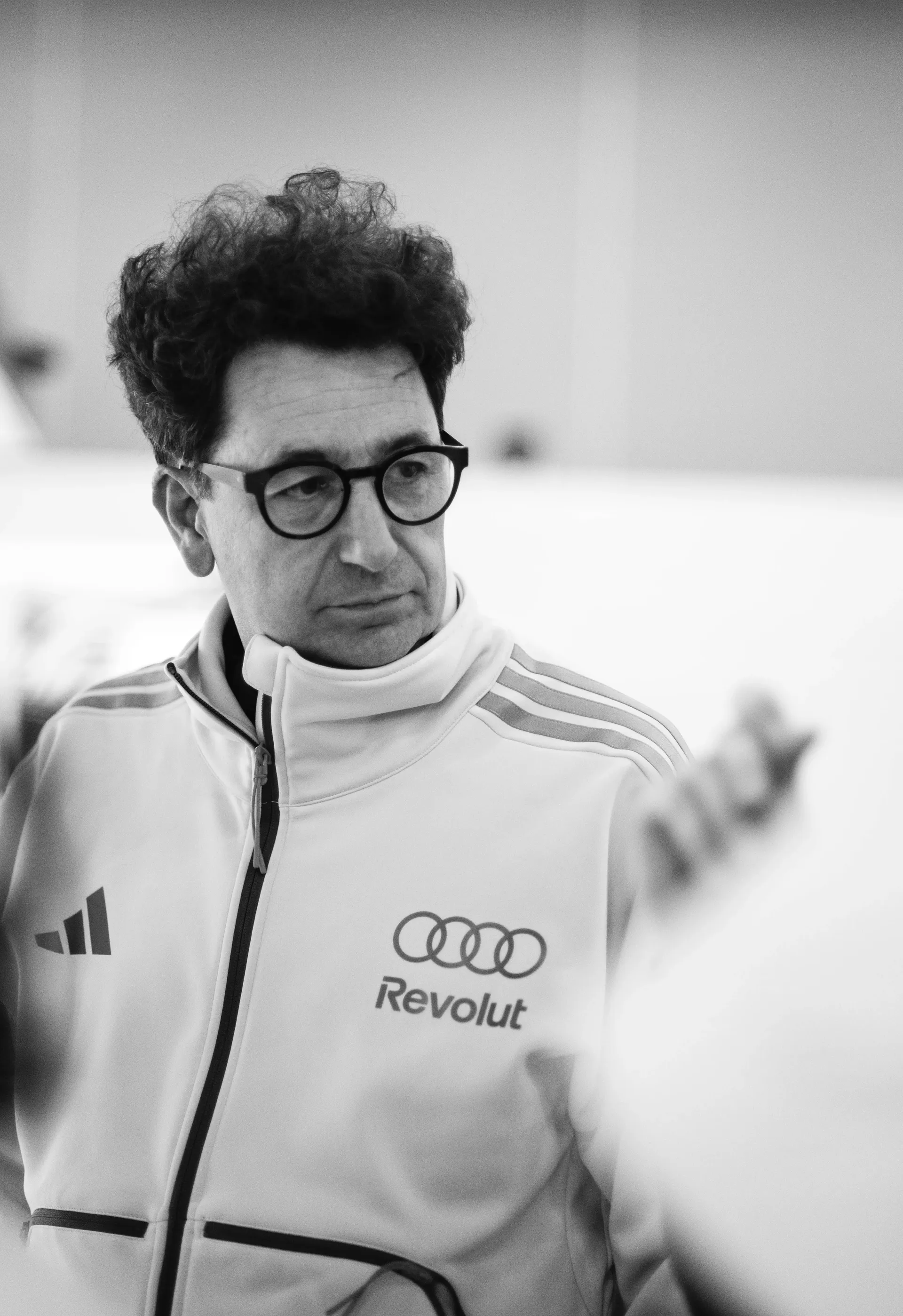 Black and white close-up of Mattia Binotto team principal at the Audi Revolut F1® Team