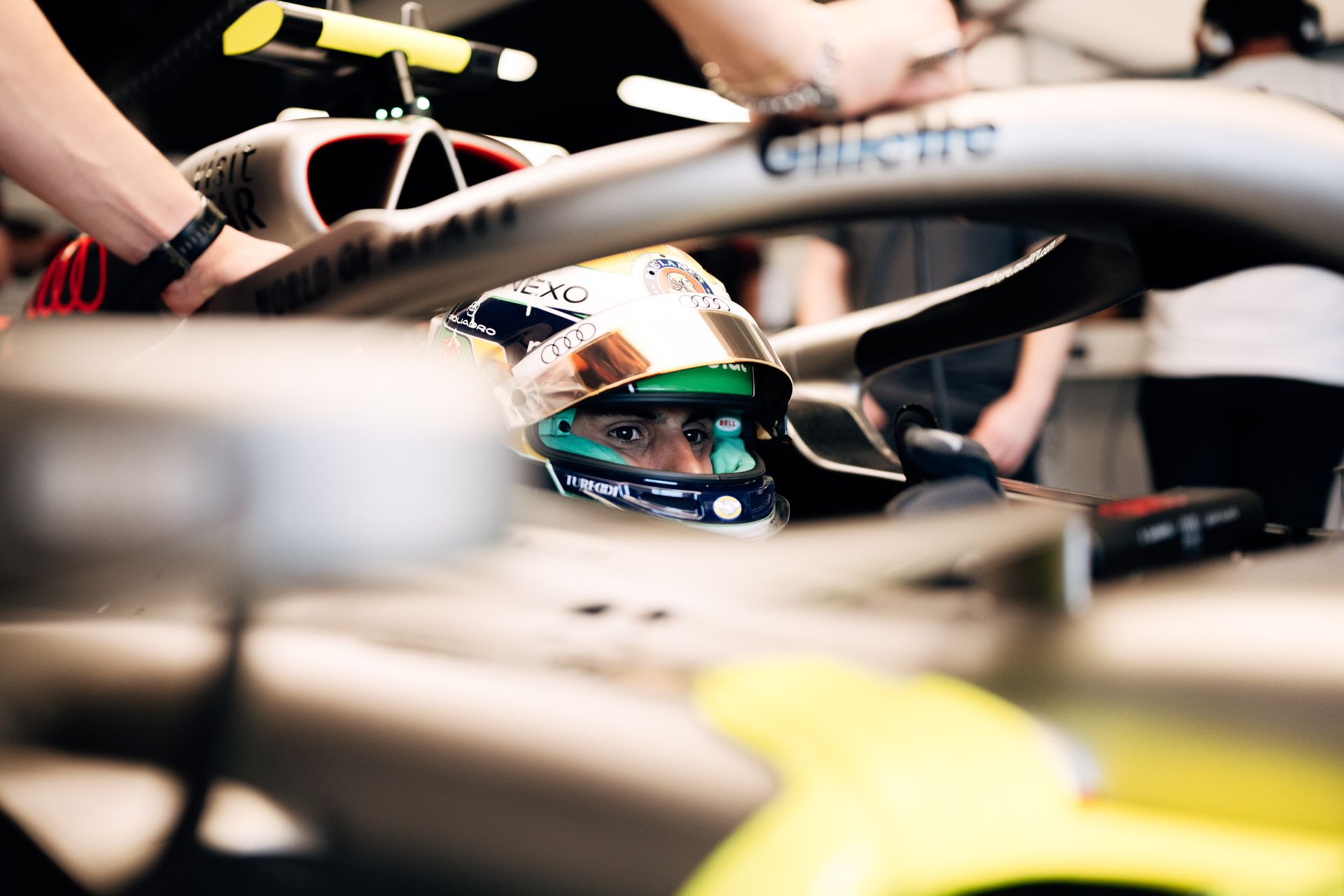 Close up of Audi Revolut F1® Team driver Gabriel Bortoleto inside the cockpit of the Audi R26