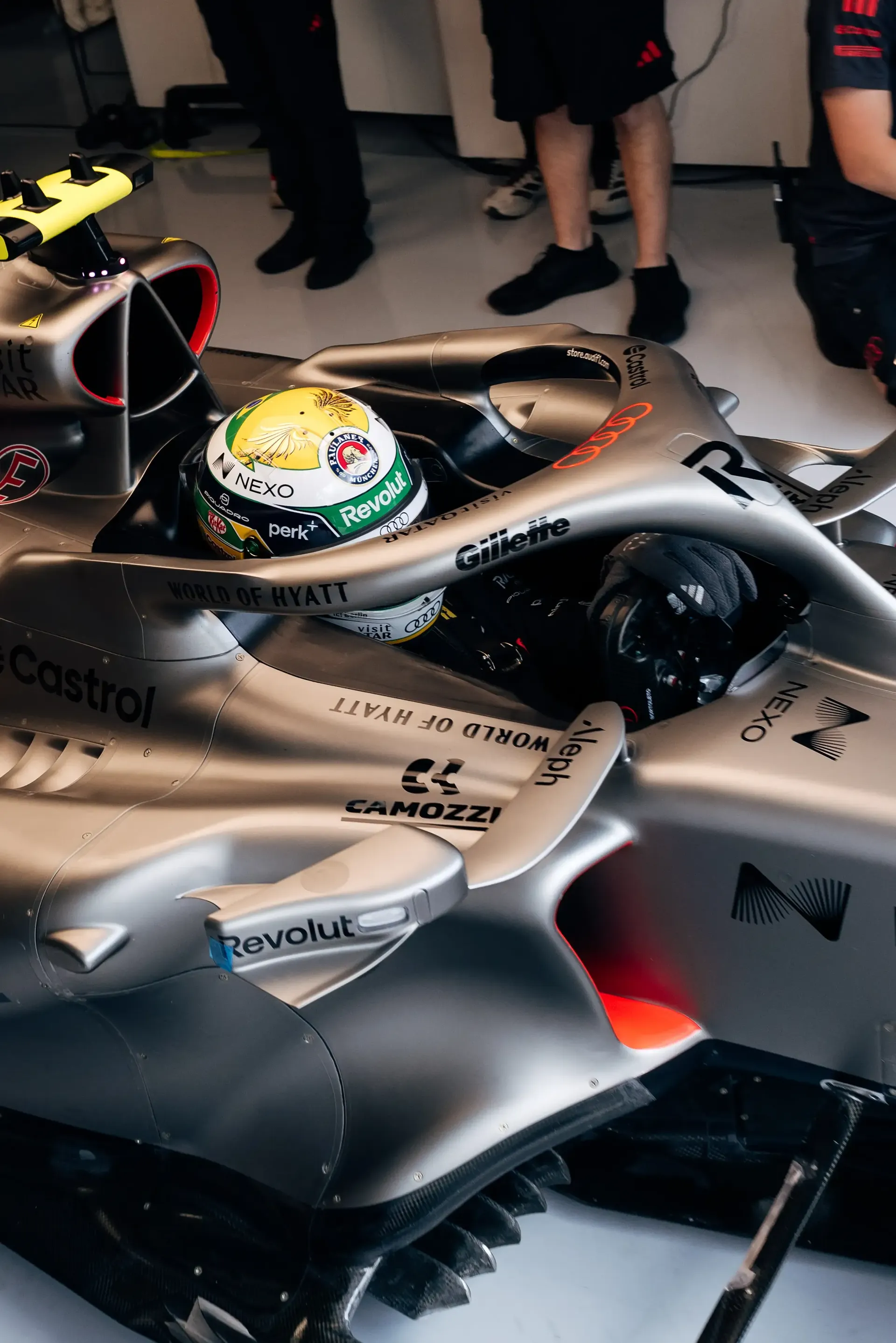 Top view cockpit close up of Audi Revolut F1® Team driver Nico Hulkenberg inside the Audi R26 at the Hugnarian Grand Prix 2026 during FP1