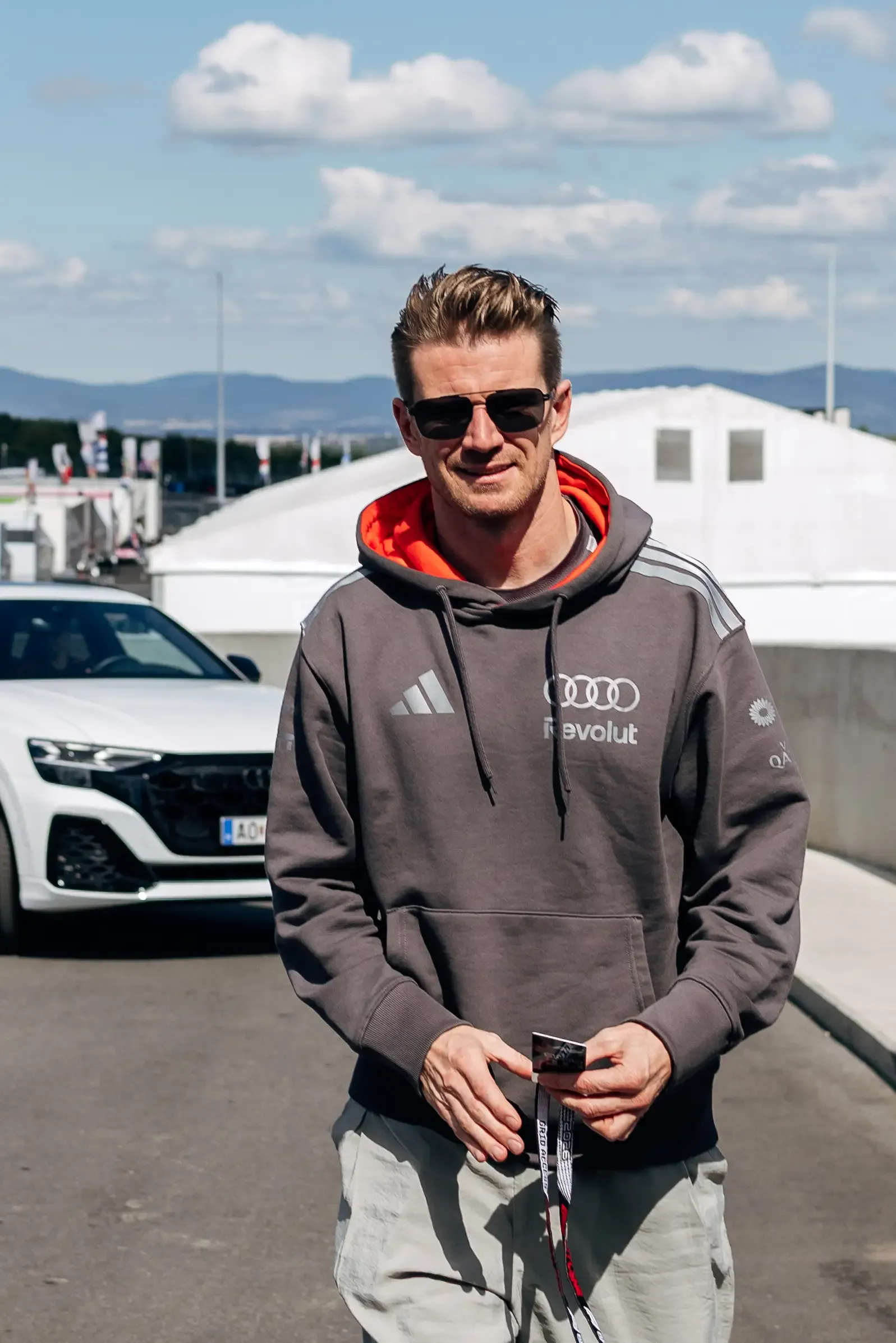 Audi Revolut F1® Team driver Nico Hulkenberg arrives at the Hungaroring ahead of FP1 at the Hungarian Grand Prix.