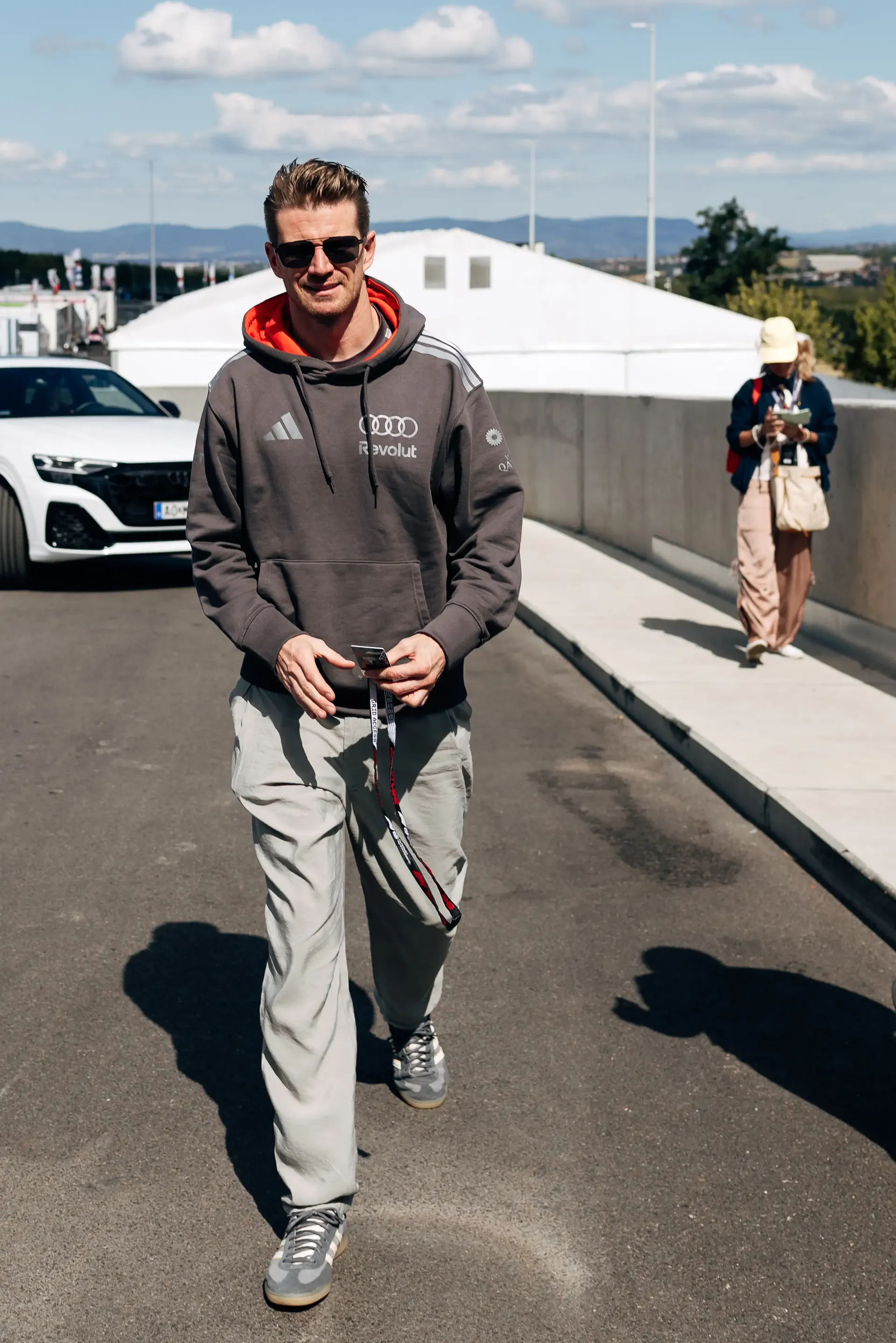 Audi Revolut F1® Team driver Nico Hulkenberg arrives at the Hungaroring ahead of FP1 at the Hungarian Grand Prix.