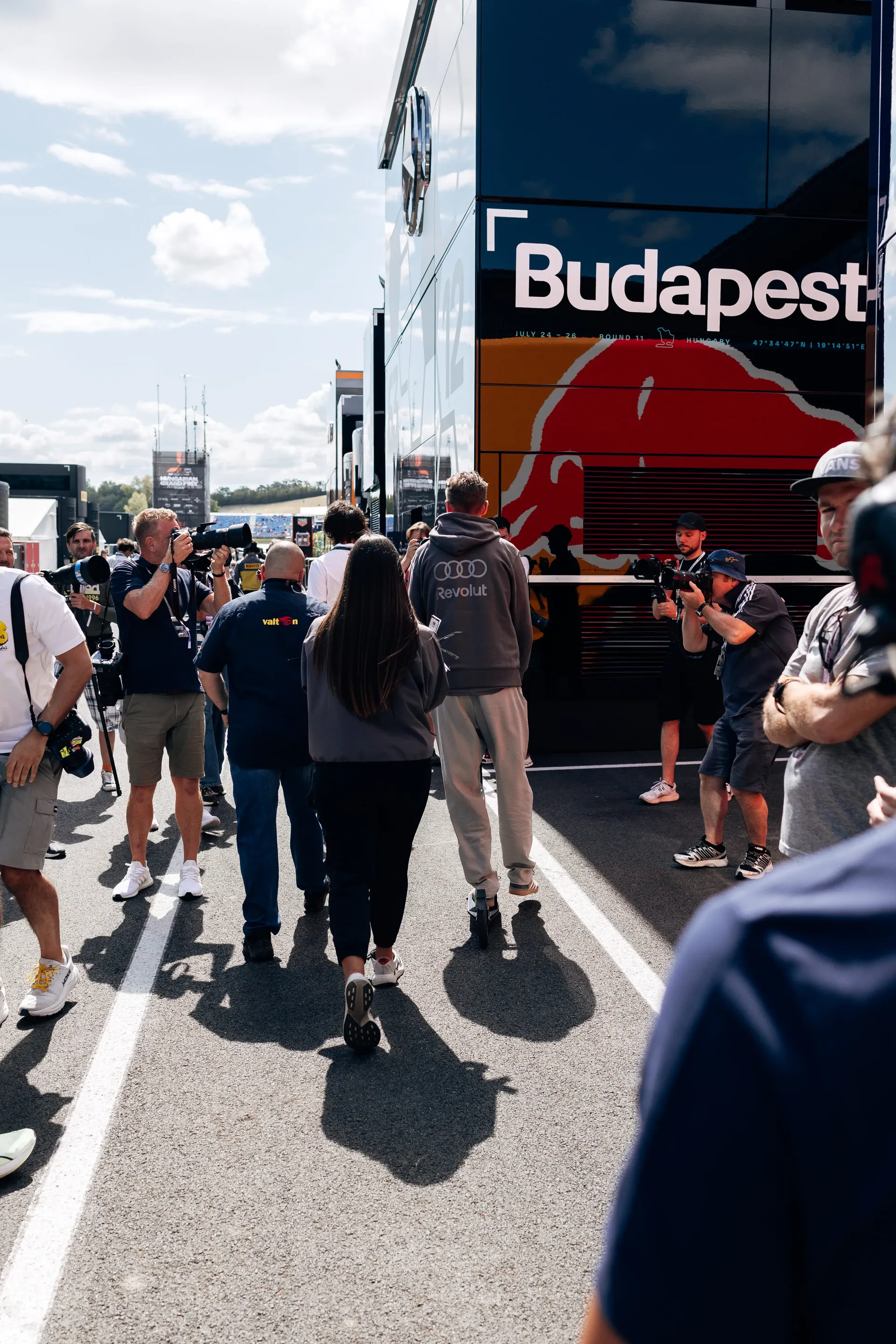 Audi Revolut F1® Team drivers Gabriel Bortoleto and Nico Hulkenberg arrive at the Formula 1® Fan Forum in Budapest.