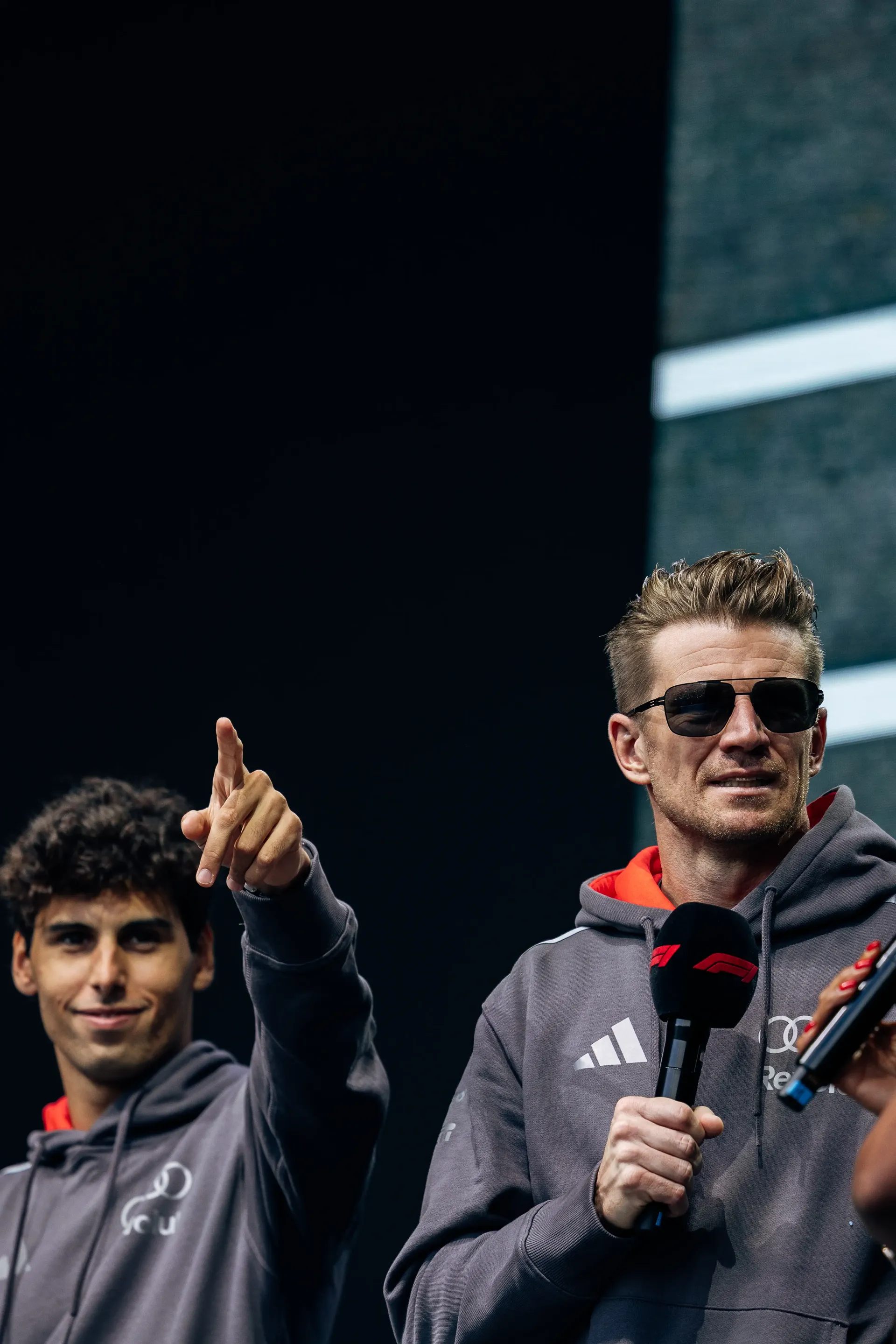 Audi Revolut F1® Team drivers Gabriel Bortoleto and Nico Hulkenberg speak to fans at the Formula 1® Fan Forum in Budapest.