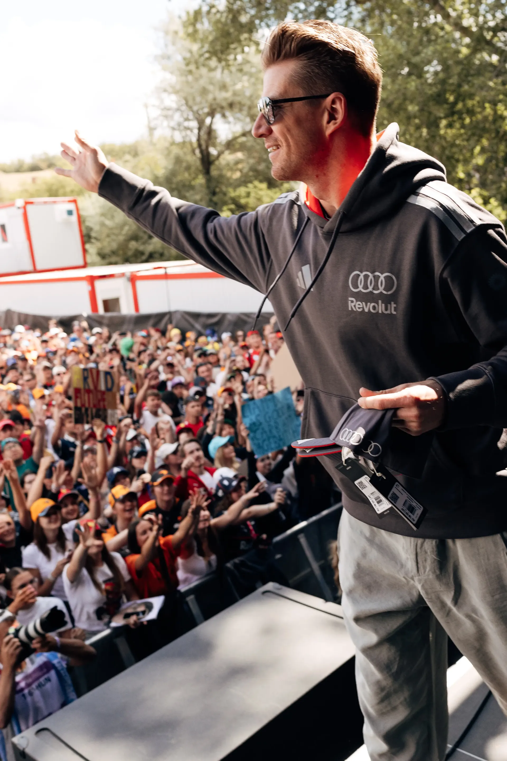 Audi Revolut F1® Team driver Nico Hulkenberg greets fans at the Formula 1® Fan Forum in Budapest.