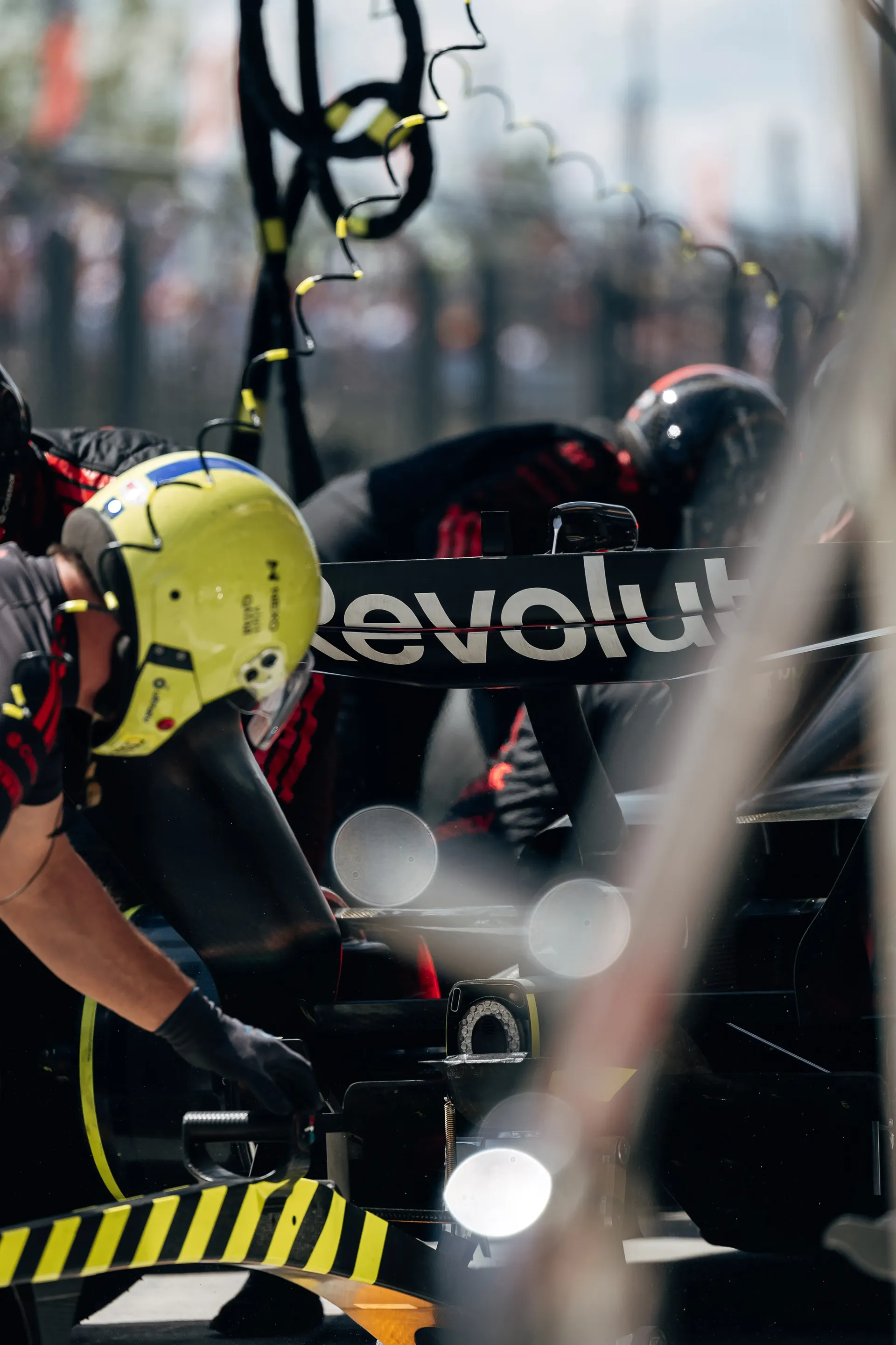 Audi Revolut F1® Team pit crew prepares the car in the Hungaroring pit lane during Friday practice.