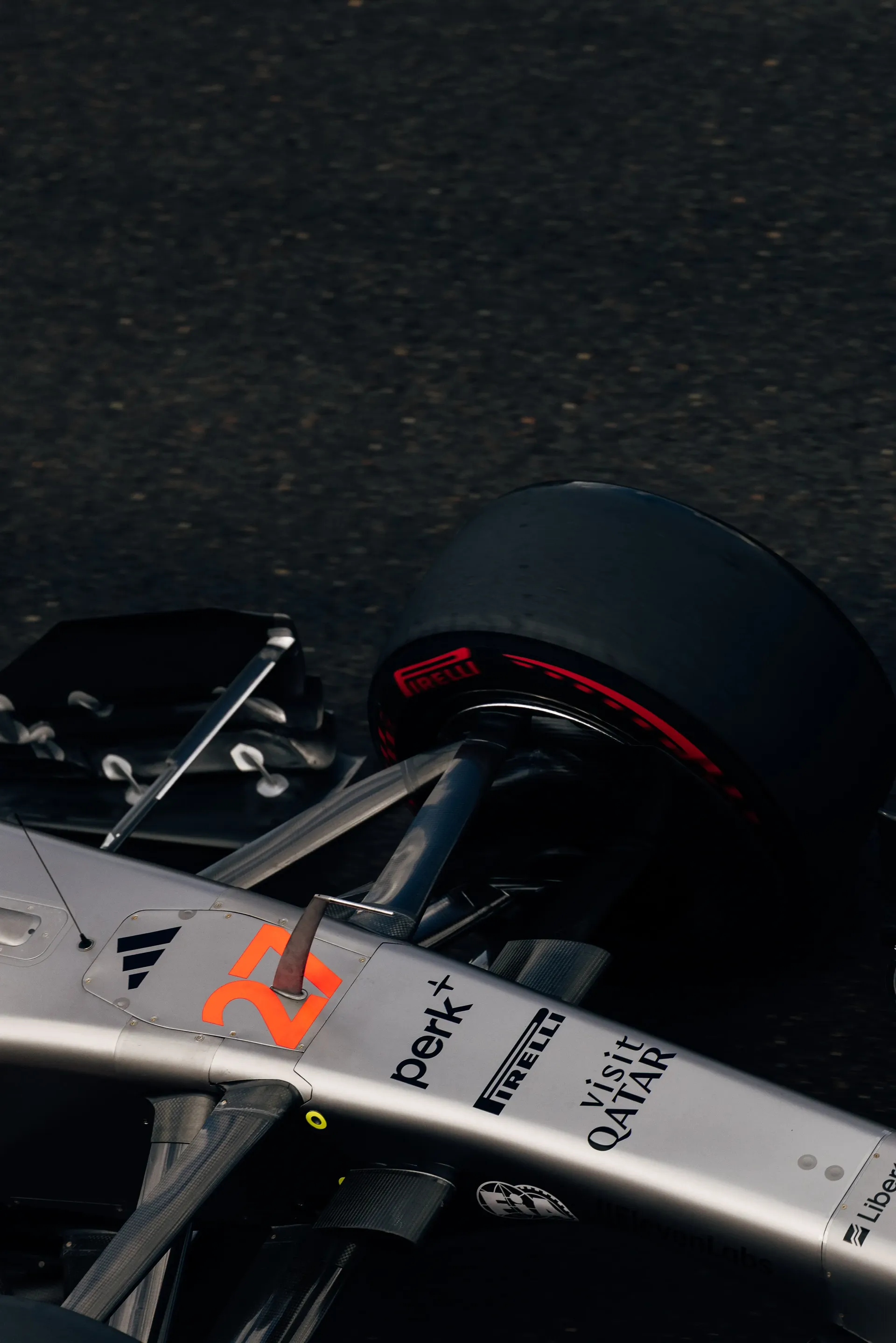 Overhead view of the Audi R26 front wing during FP1.