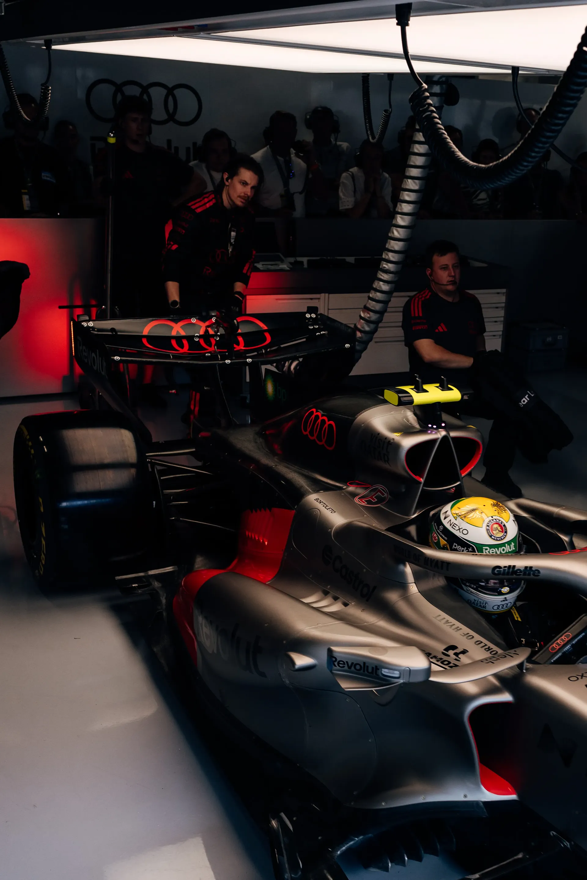 The Audi R26 sits inside the Audi Revolut F1® Team garage during Friday practice.