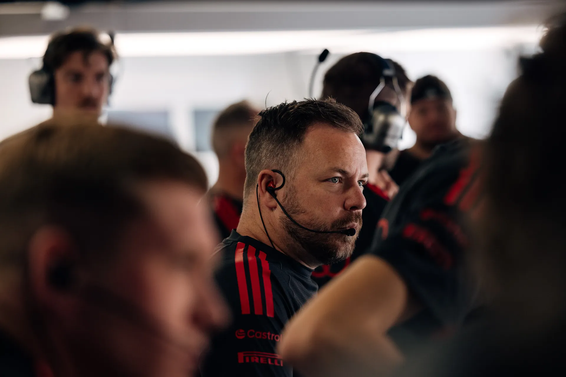 Audi Revolut F1® Team engineers observe Friday practice from the garage.