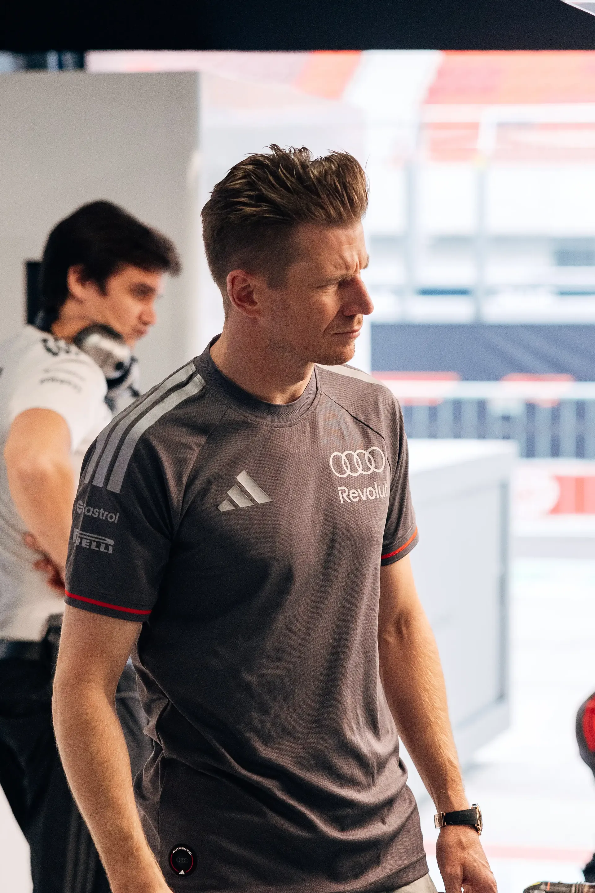 Audi Revolut F1® Team driver Nico Hulkenberg arrives in the Hungaroring garage ahead of the Hungarian Grand Prix weekend.