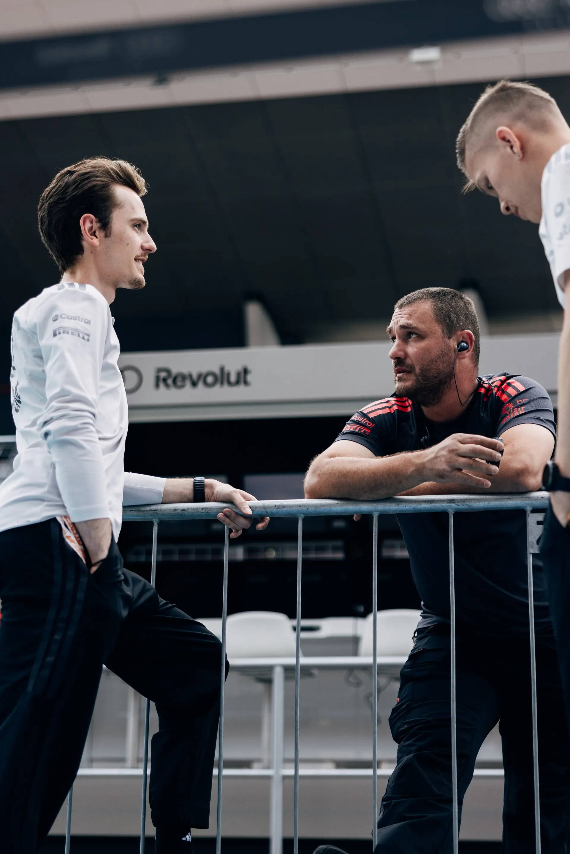 Audi Revolut F1® Team members meet in the garage before the Hungarian Grand Prix weekend.