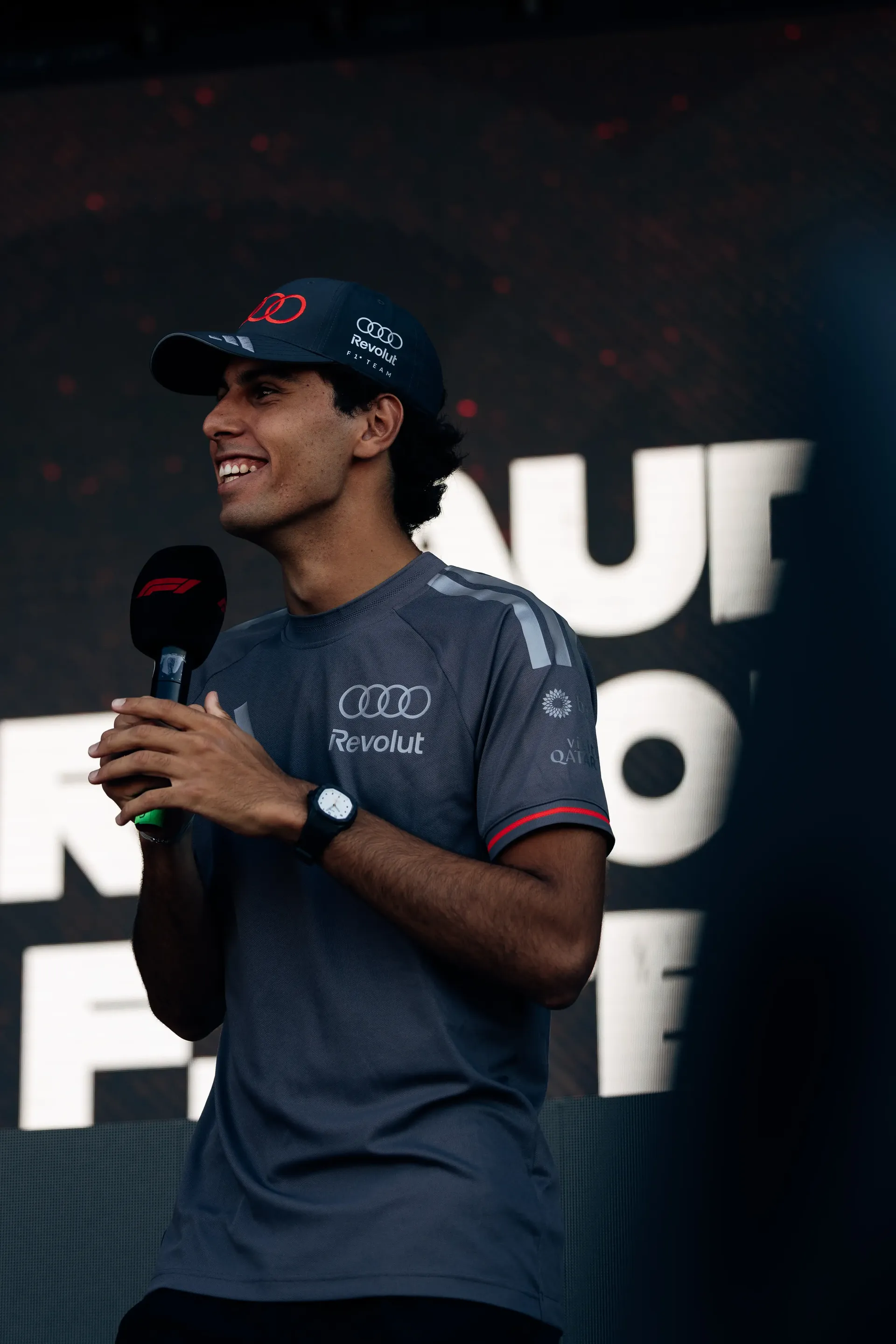 Audi Revolut F1® Team driver Gabriel Bortoleto speaking to fans at Monza
