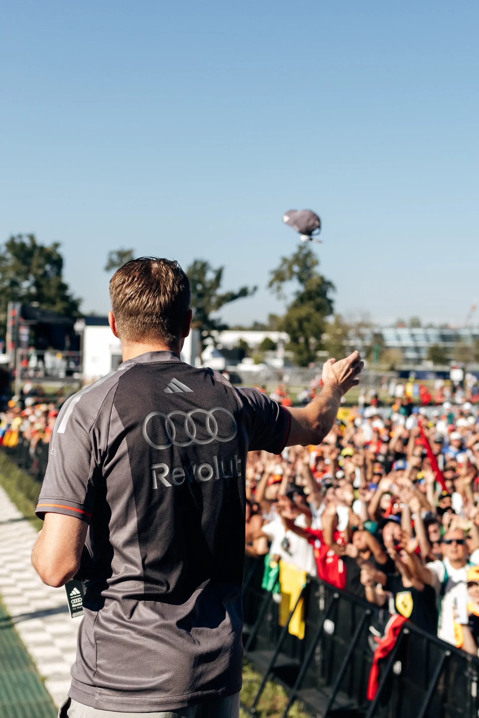 Audi Revolut F1® Team driver Nico Hulkenberg addressing fans at the Italian Grand Prix