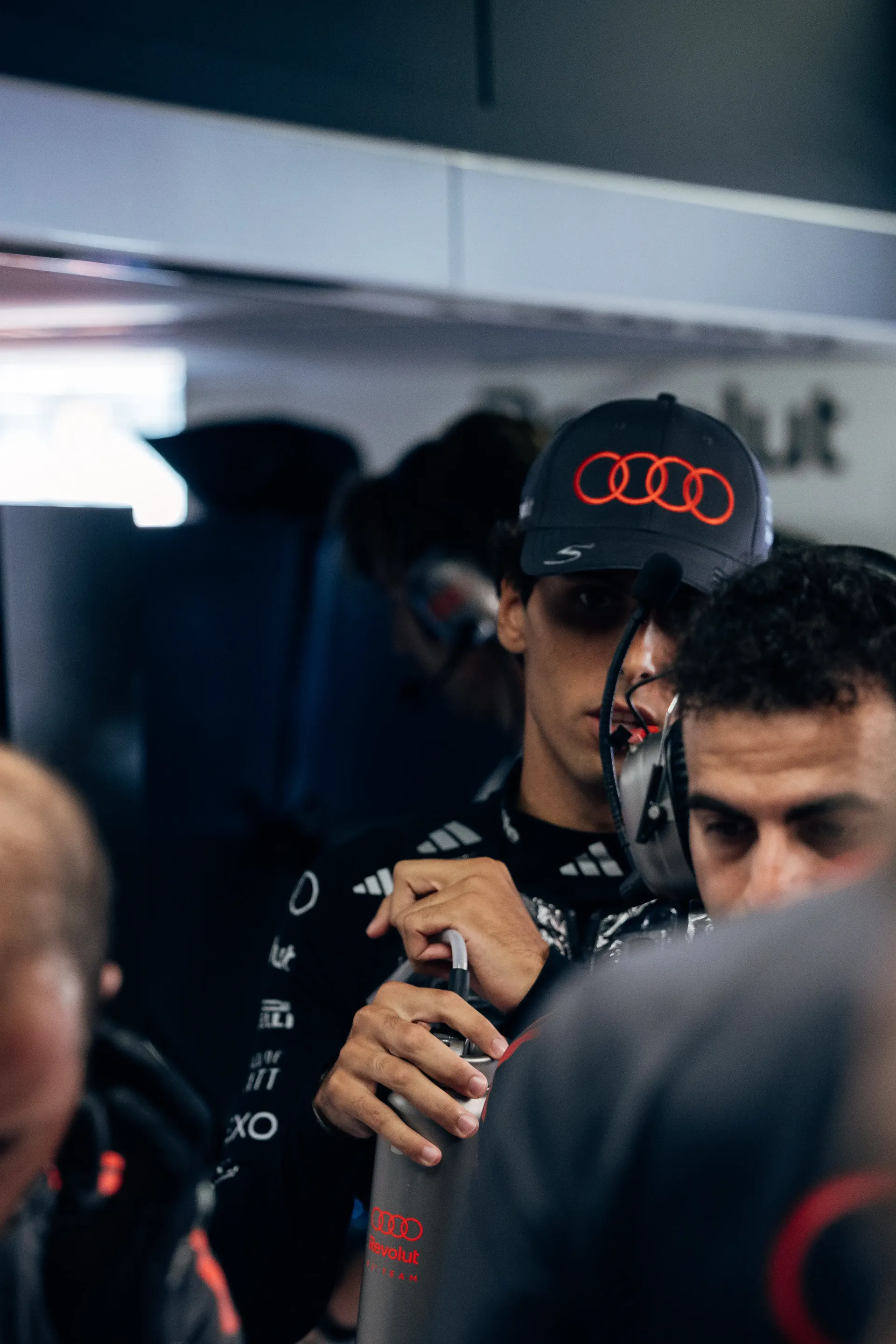 Audi Revolut F1® Team driver Gabriel Bortoleto preparing for FP1 in the garage