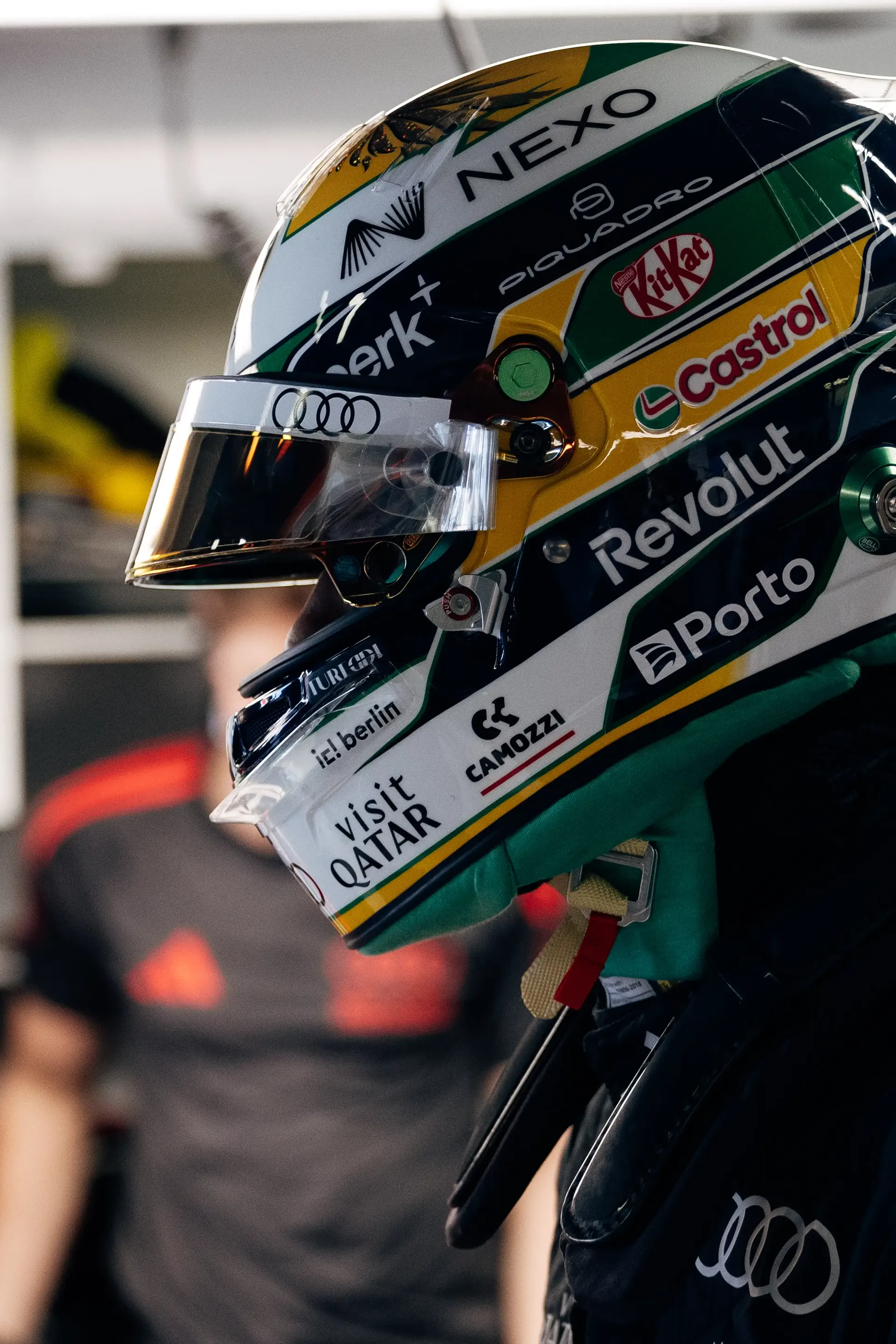 Close-up of Audi Revolut F1® Team driver Gabriel Bortoleto’s helmet