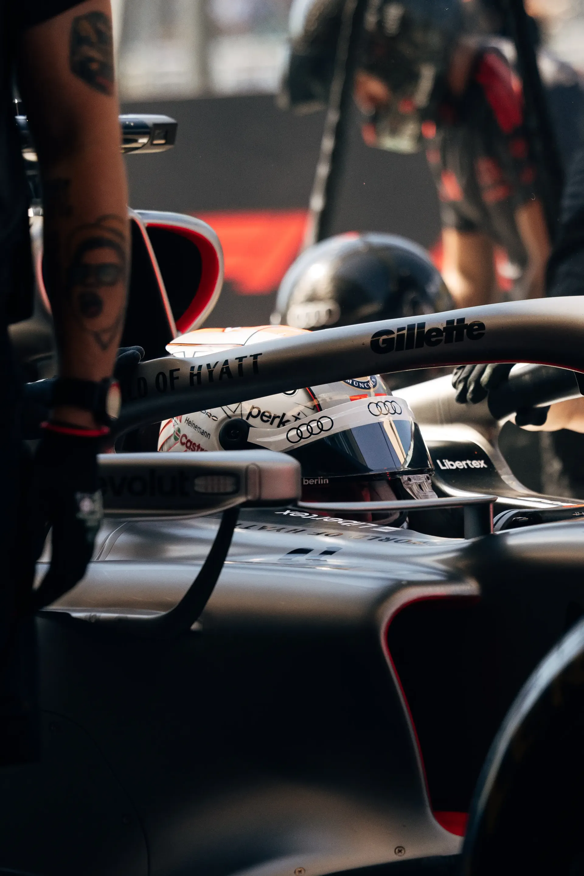 Close-up of Audi Revolut F1® Team driver Nico Hulkenberg inside the Audi R26 in the garage
