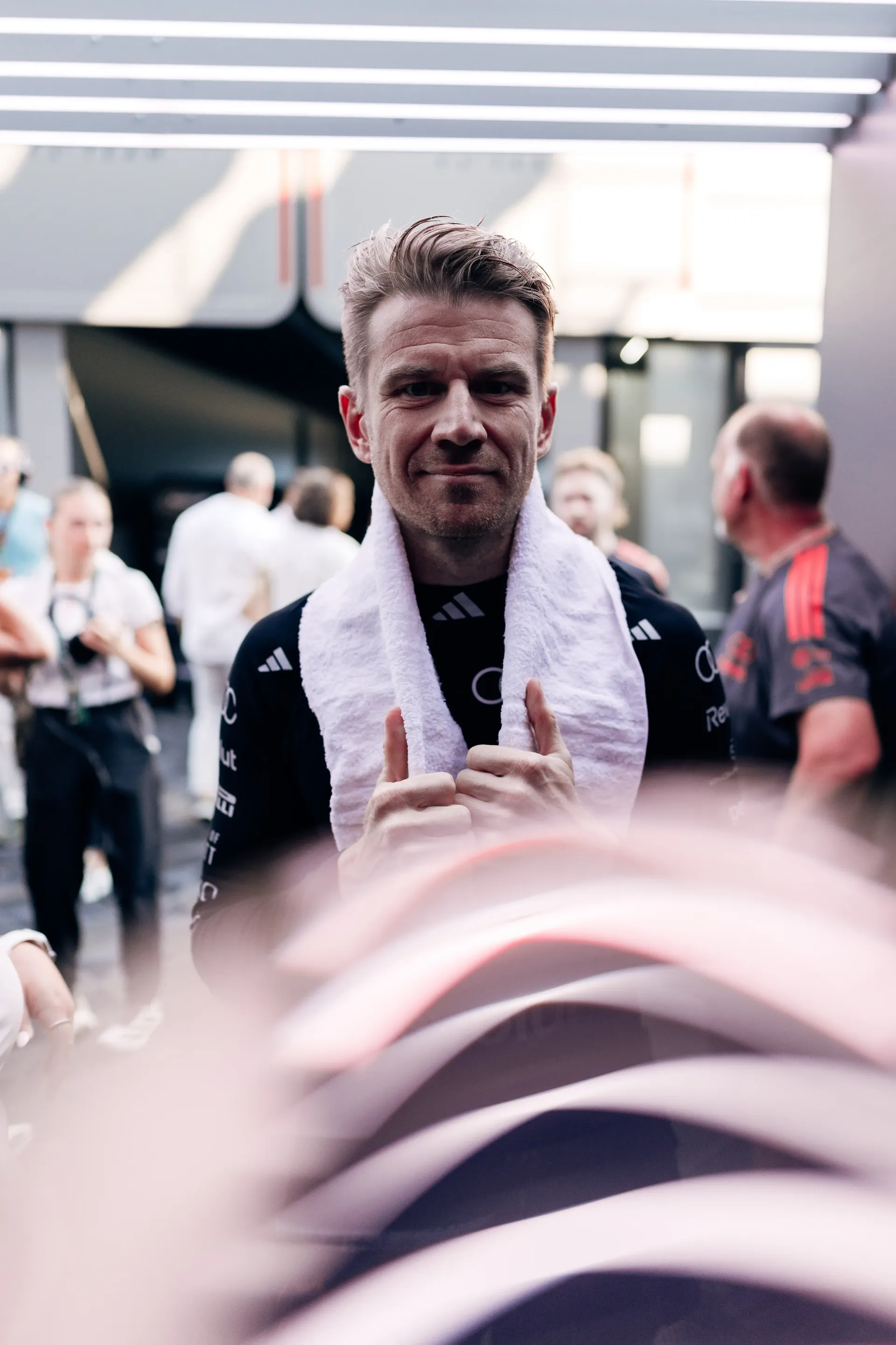 Audi Revolut F1® Team driver Nico Hulkenberg surrounded by fans in the Monza paddock