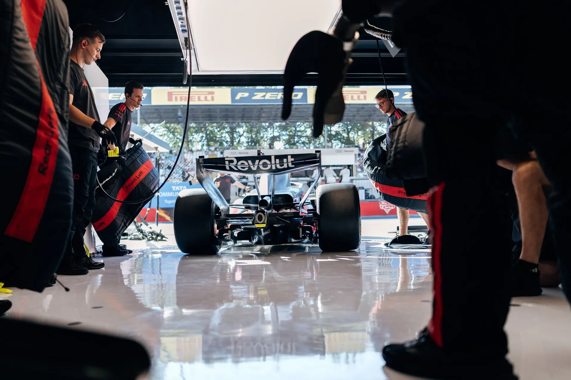 Audi R26 in the garage during the Italian Grand Prix weekend