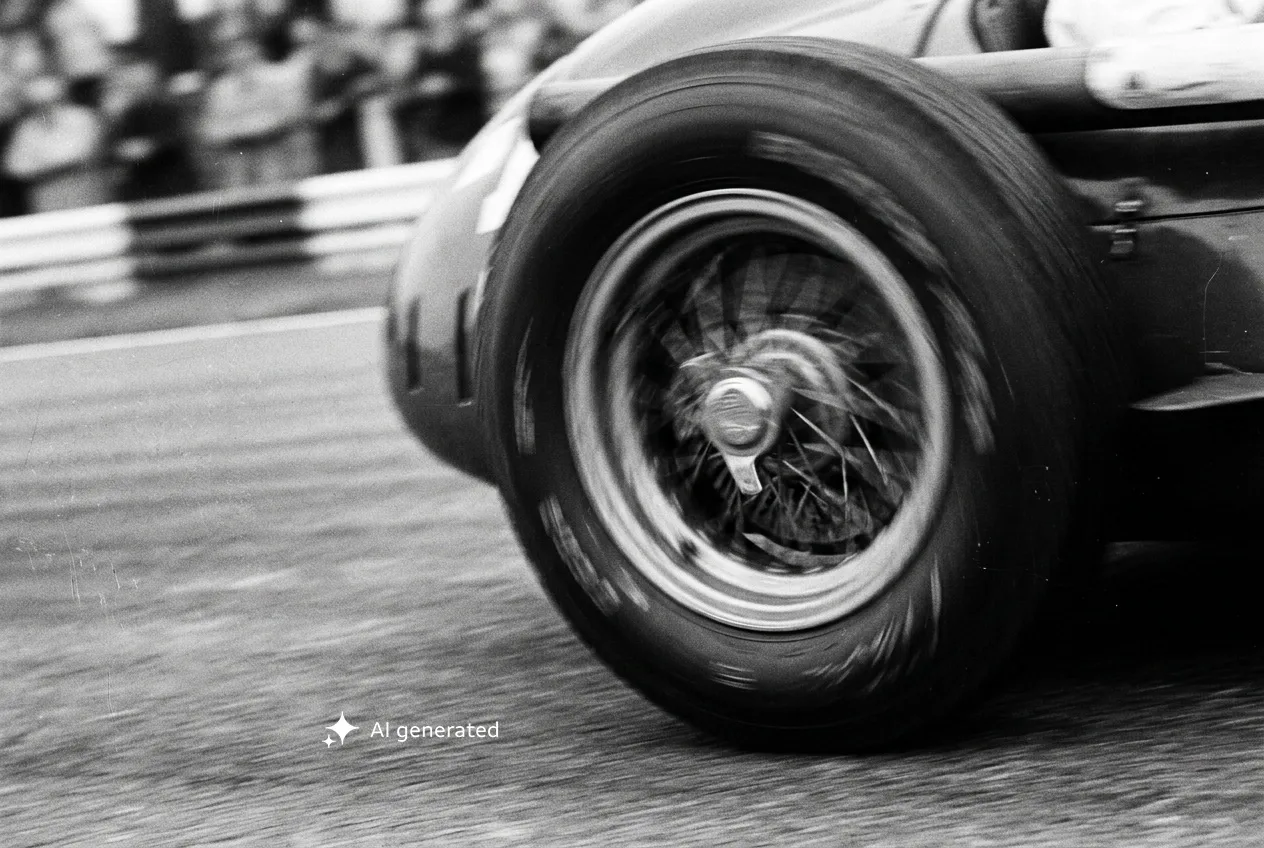 Close-up of a historic racing car wheel at speed