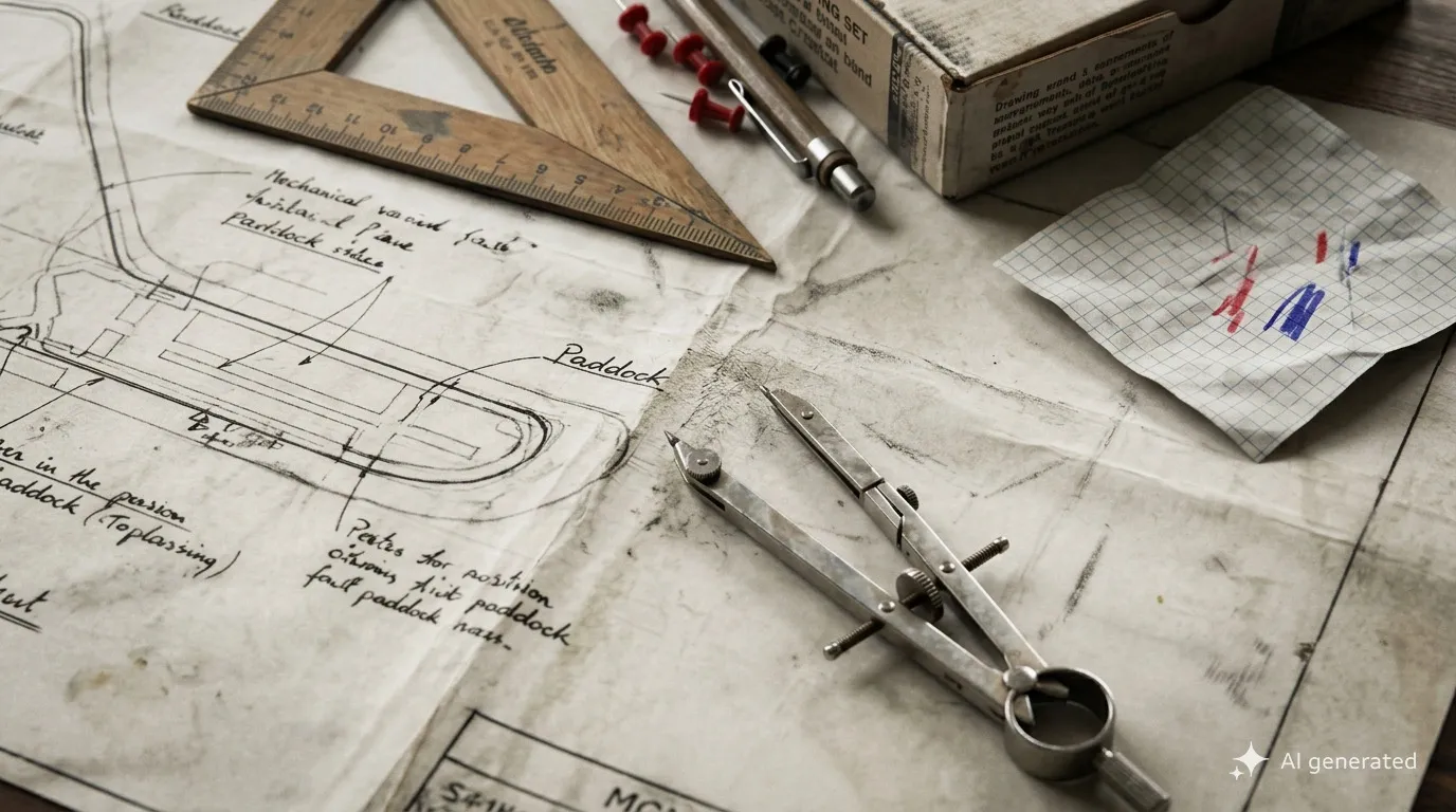 Historic technical drawing of a race circuit on a desk