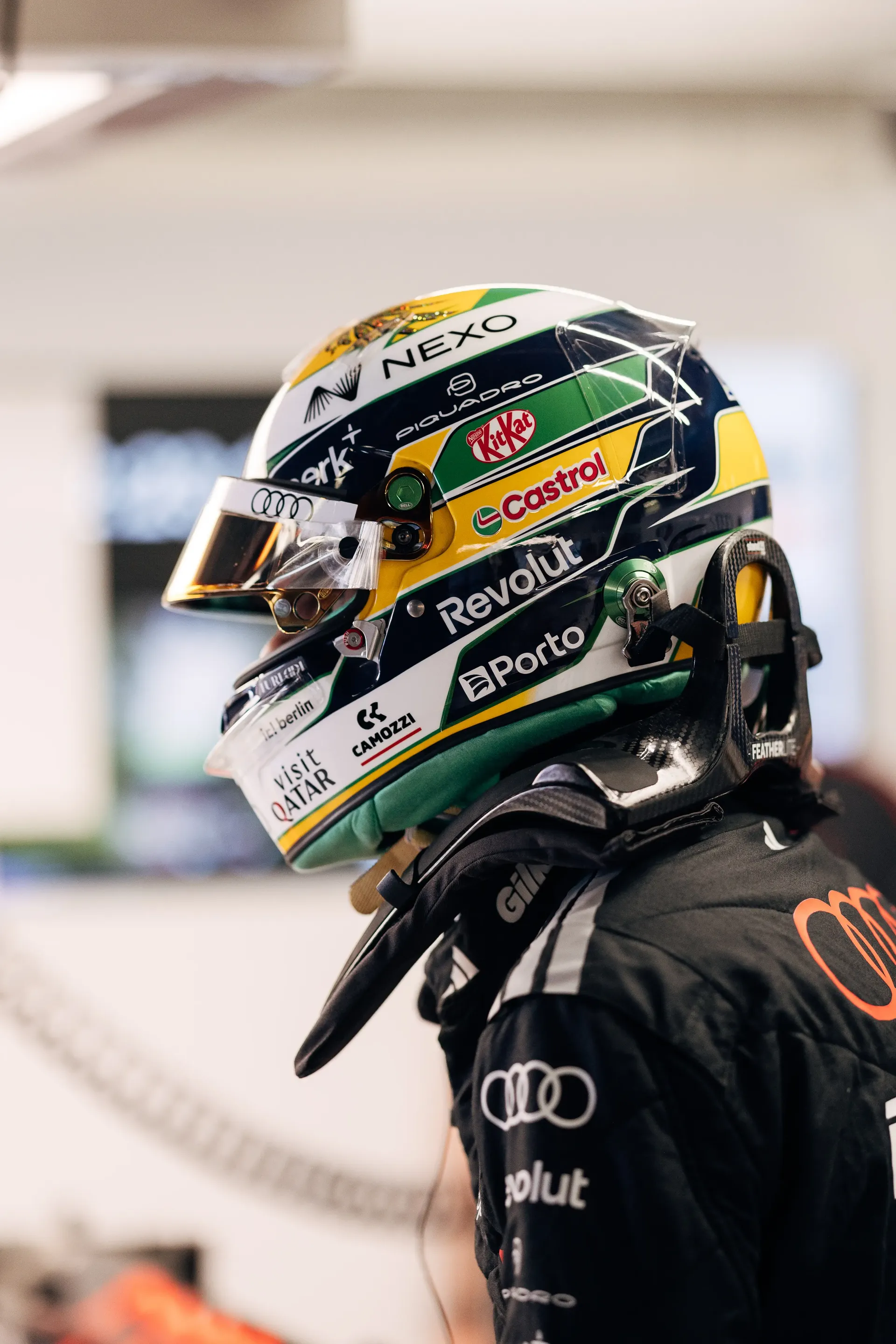 Close-up of a helmet worn by an Audi Revolut F1® Team driver Gabriel Bortoleto