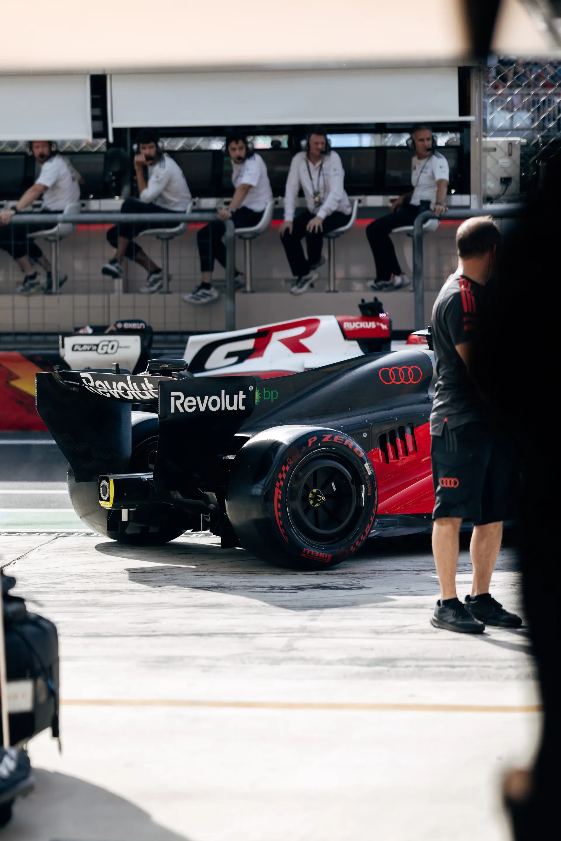 Audi Revolut F1® Team car Audi R26 positioned in the pit lane during qualifying