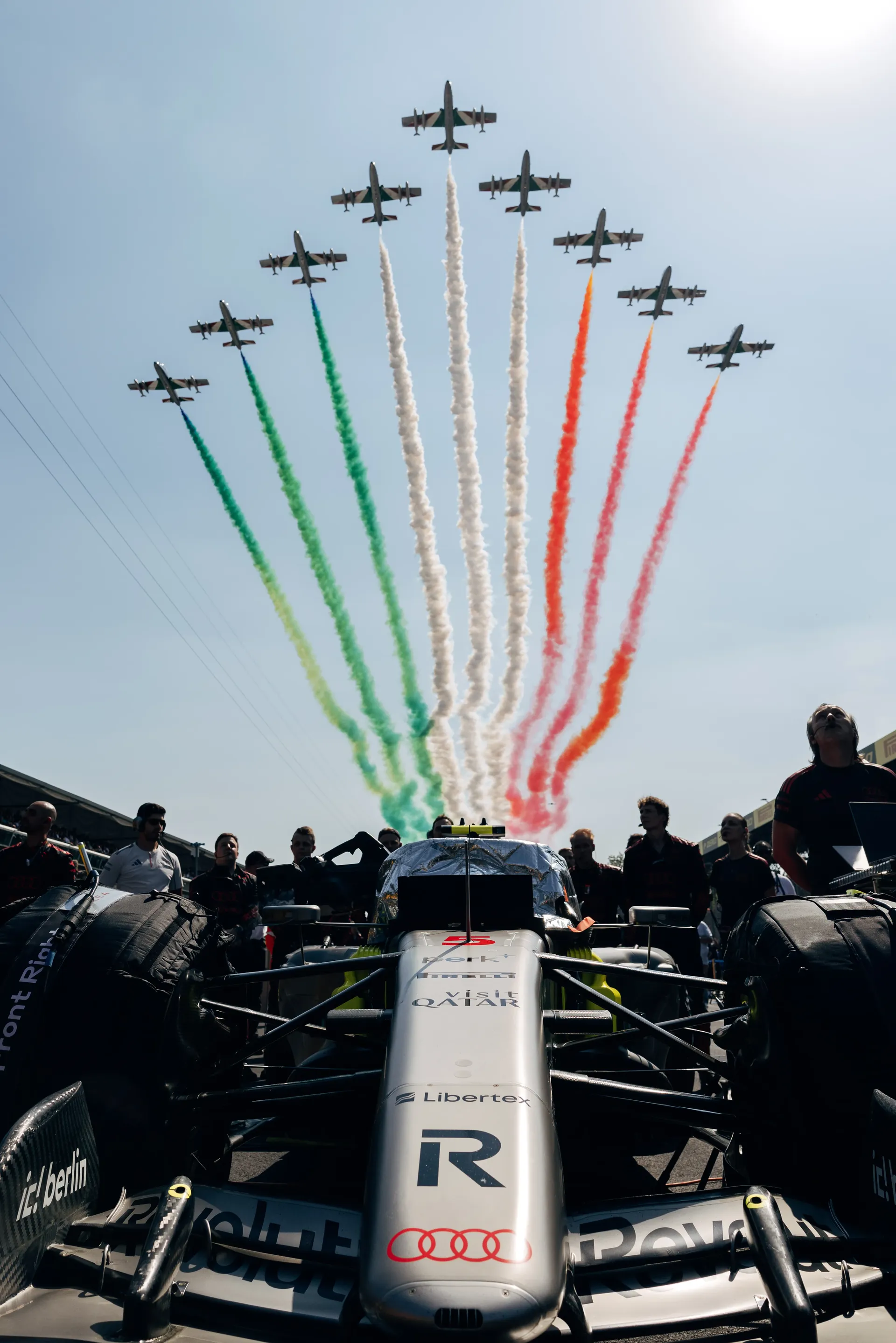 Italian Air Force Frecce Tricolori display flying above the Monza circuit