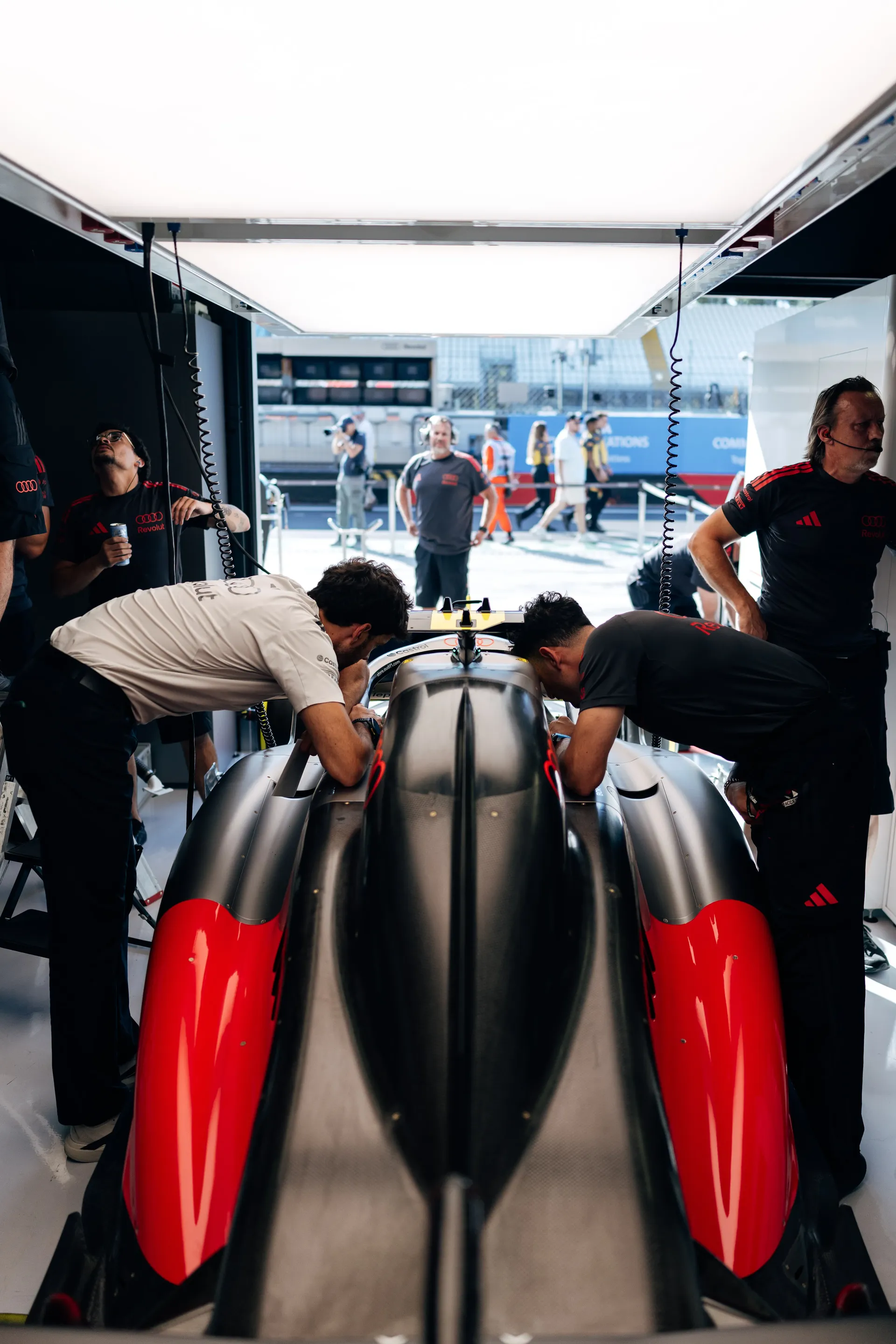 Audi Revolut F1® Team Formula 1® car positioned inside the garage at the Italian Grand Prix.