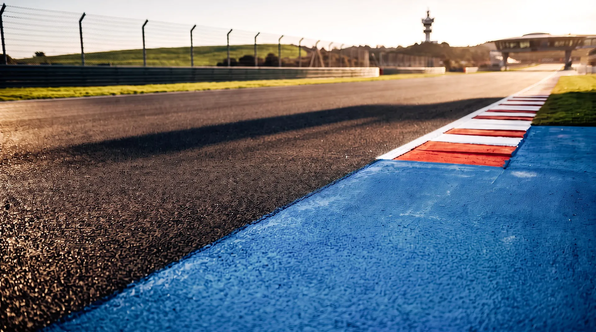 Low-angle view of the track edge and kerb at the Circuito de Jerez in evening light