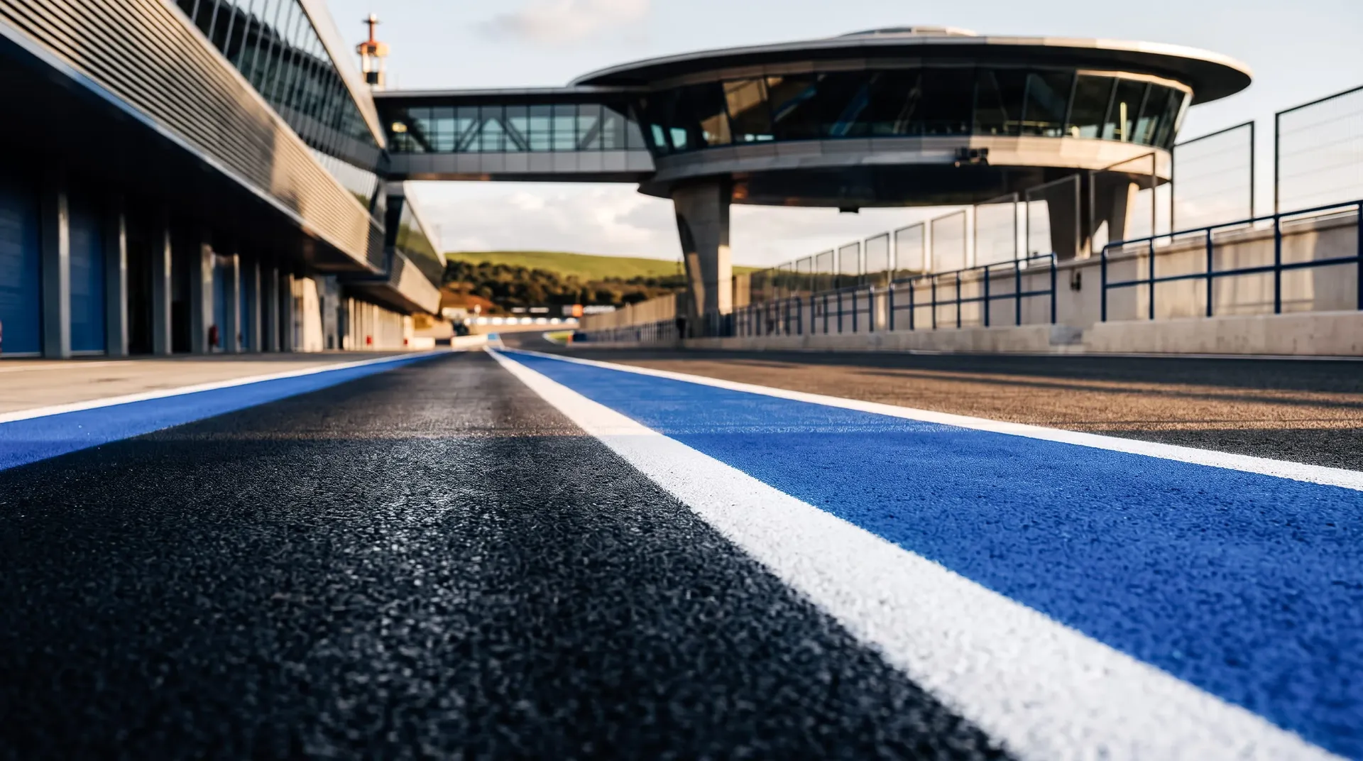 Low-angle view along the empty pit lane at the Circuito de Jerez towards the grandstand building