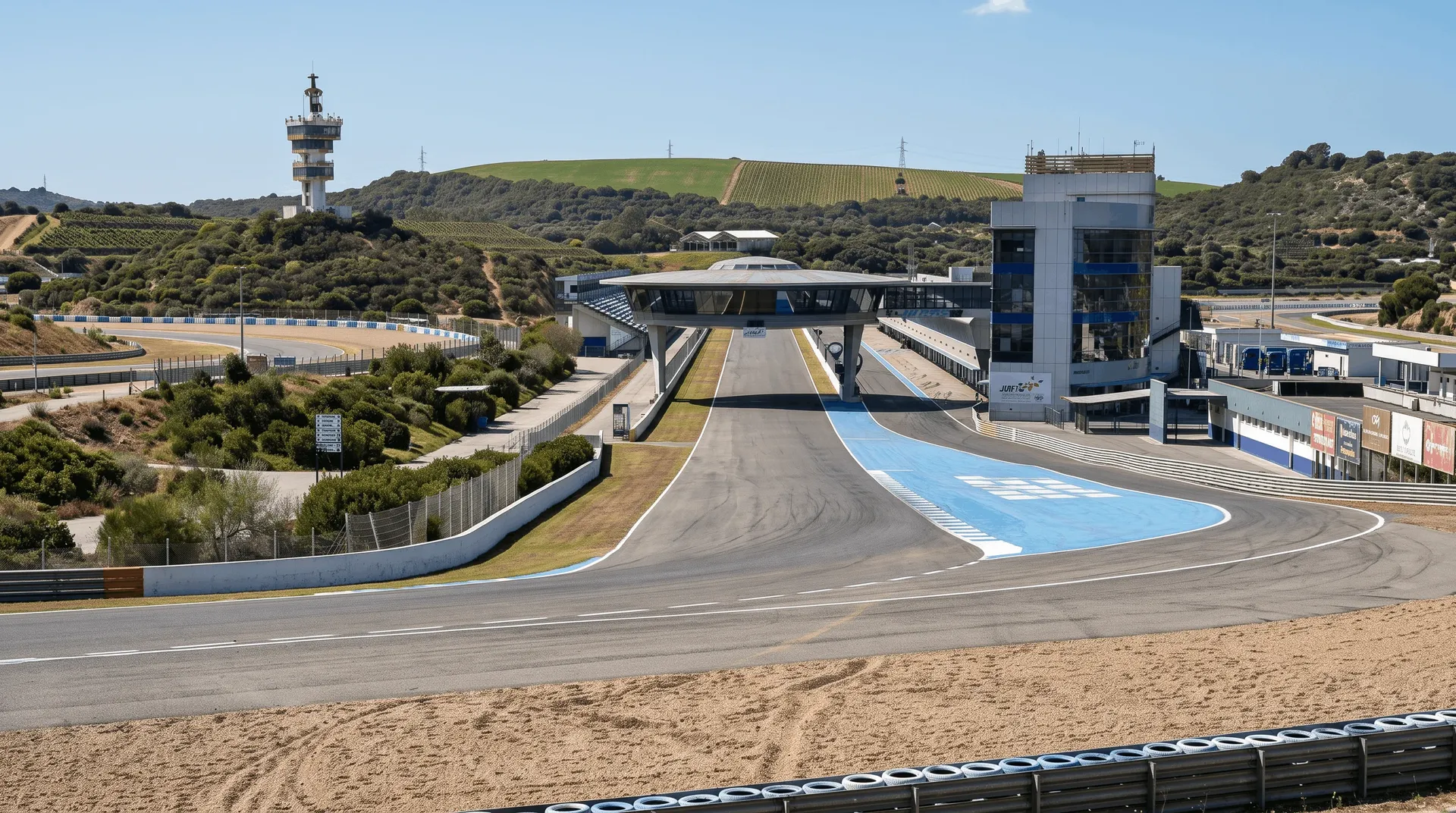 Start-finish straight and pit building at the Circuito de Jerez with the Andalusian hills behind