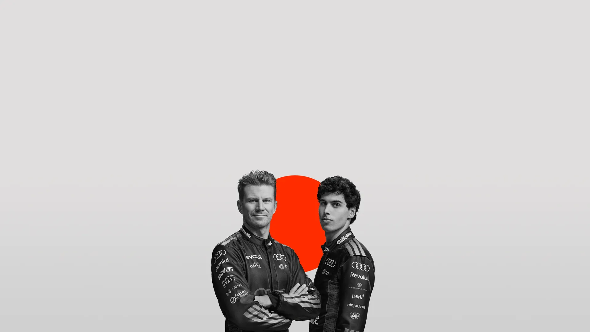 Black and white side by side pose of Nico Hulkenberg right and Gabriel Bortoleto left with red japanese flag in the background