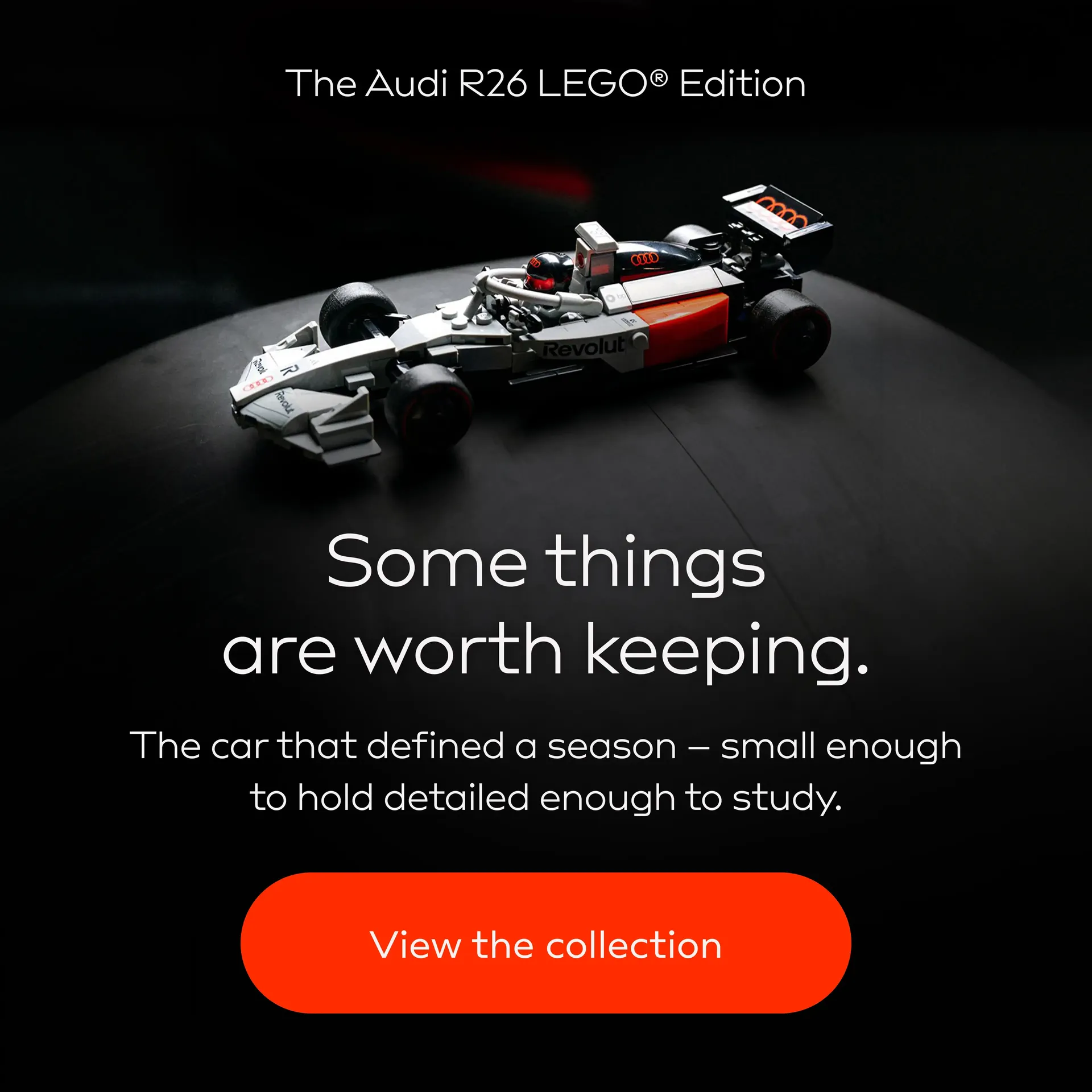 Close Up of the Audi Revolut F1® Team car Audi R26 miniature LEGO edition