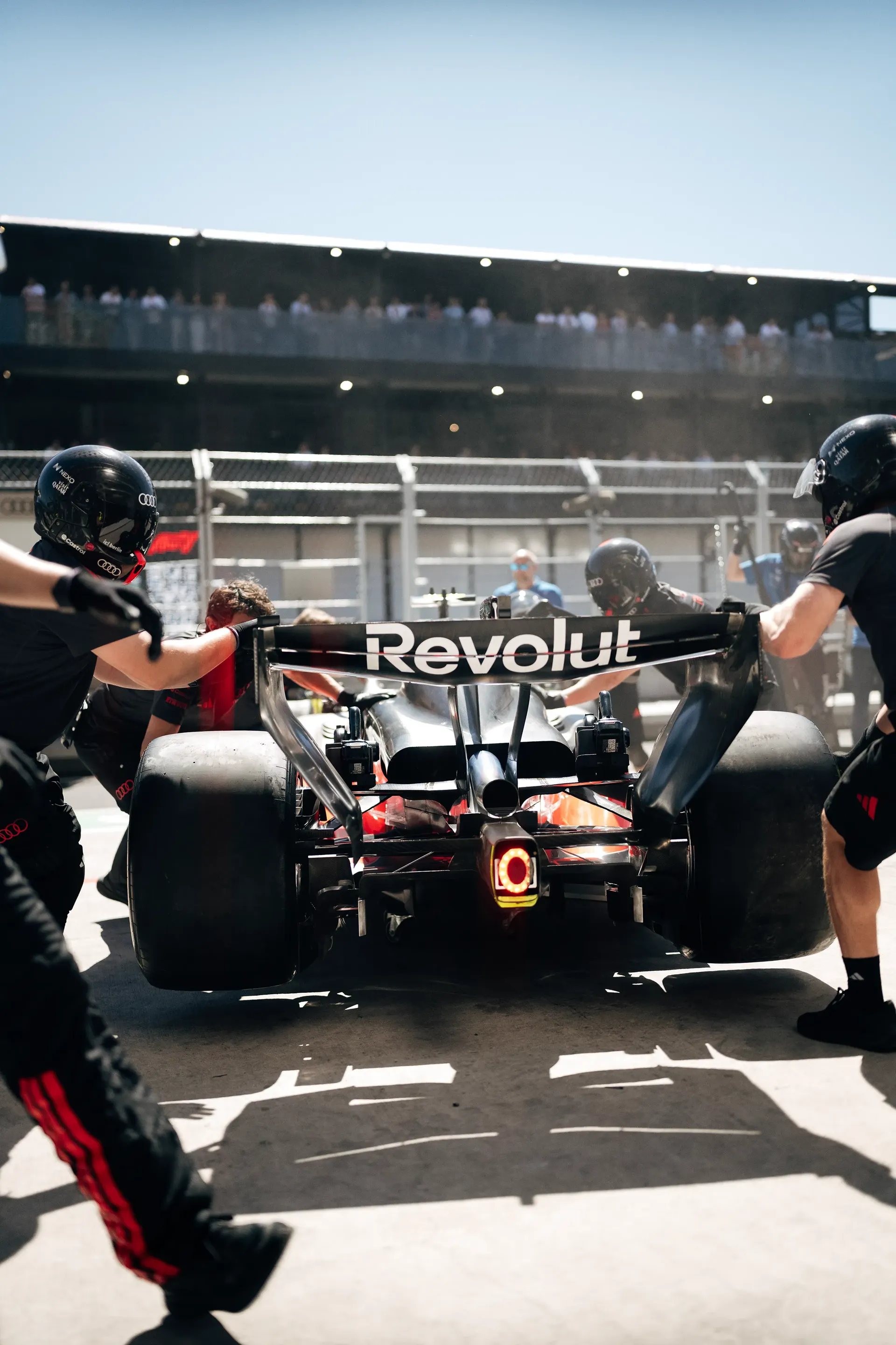Audi F1 R26 car leaving the garage during the Spanish Grand Prix