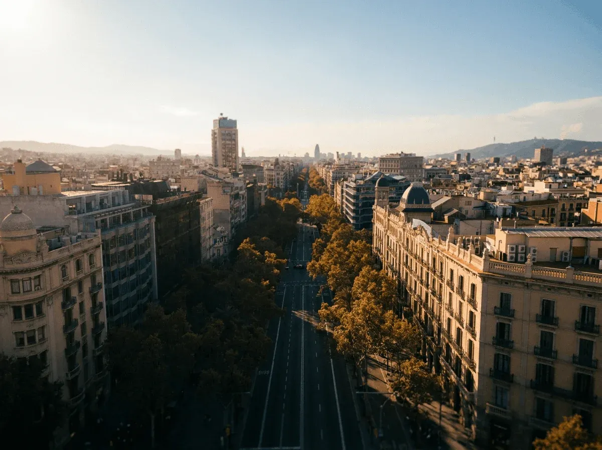 Aerial view of the tree-lined Barcelona avenue that once formed the Pedralbes street circuit