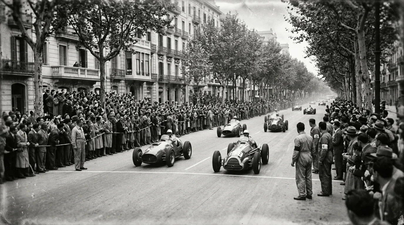 Vintage-style illustration of Grand Prix cars racing on the tree-lined Pedralbes street circuit in Barcelona