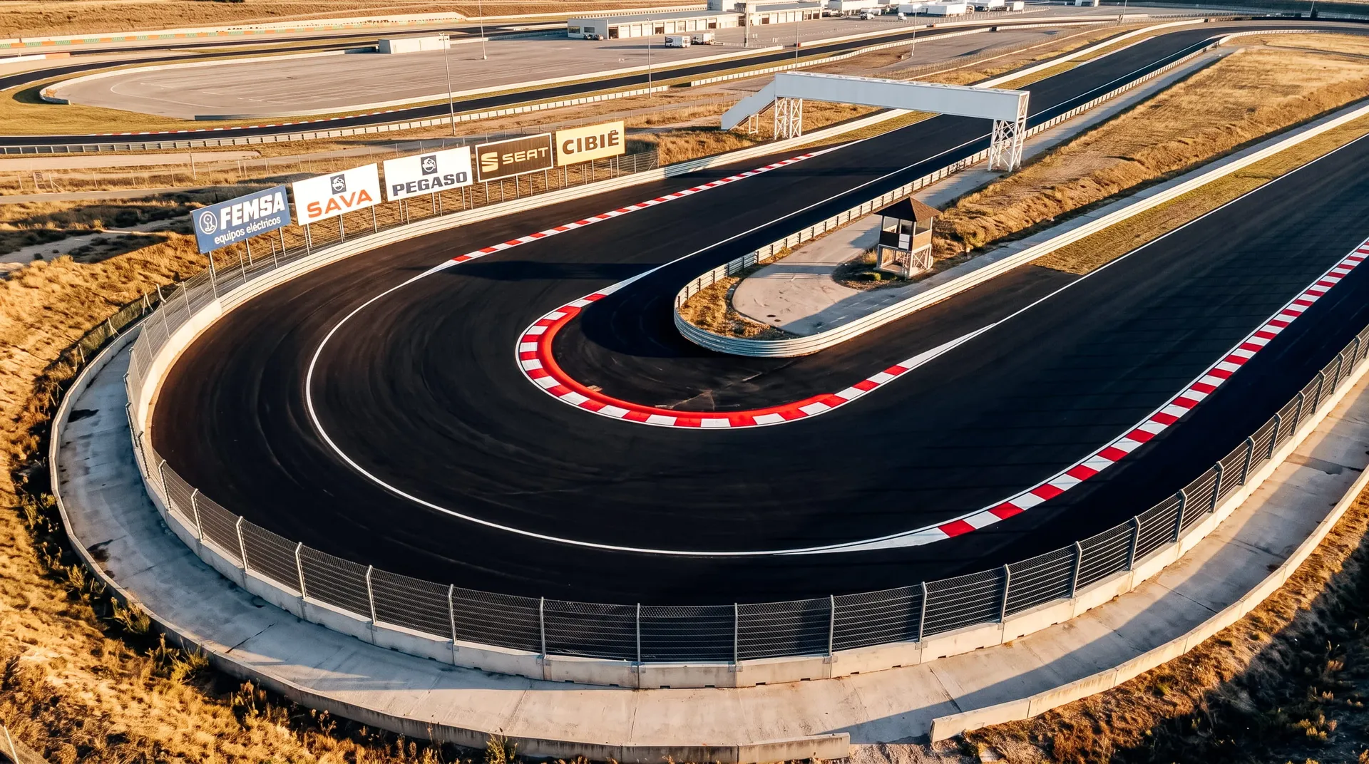 Aerial view of a hairpin at the Jarama circuit near Madrid, lined with vintage sponsor boards