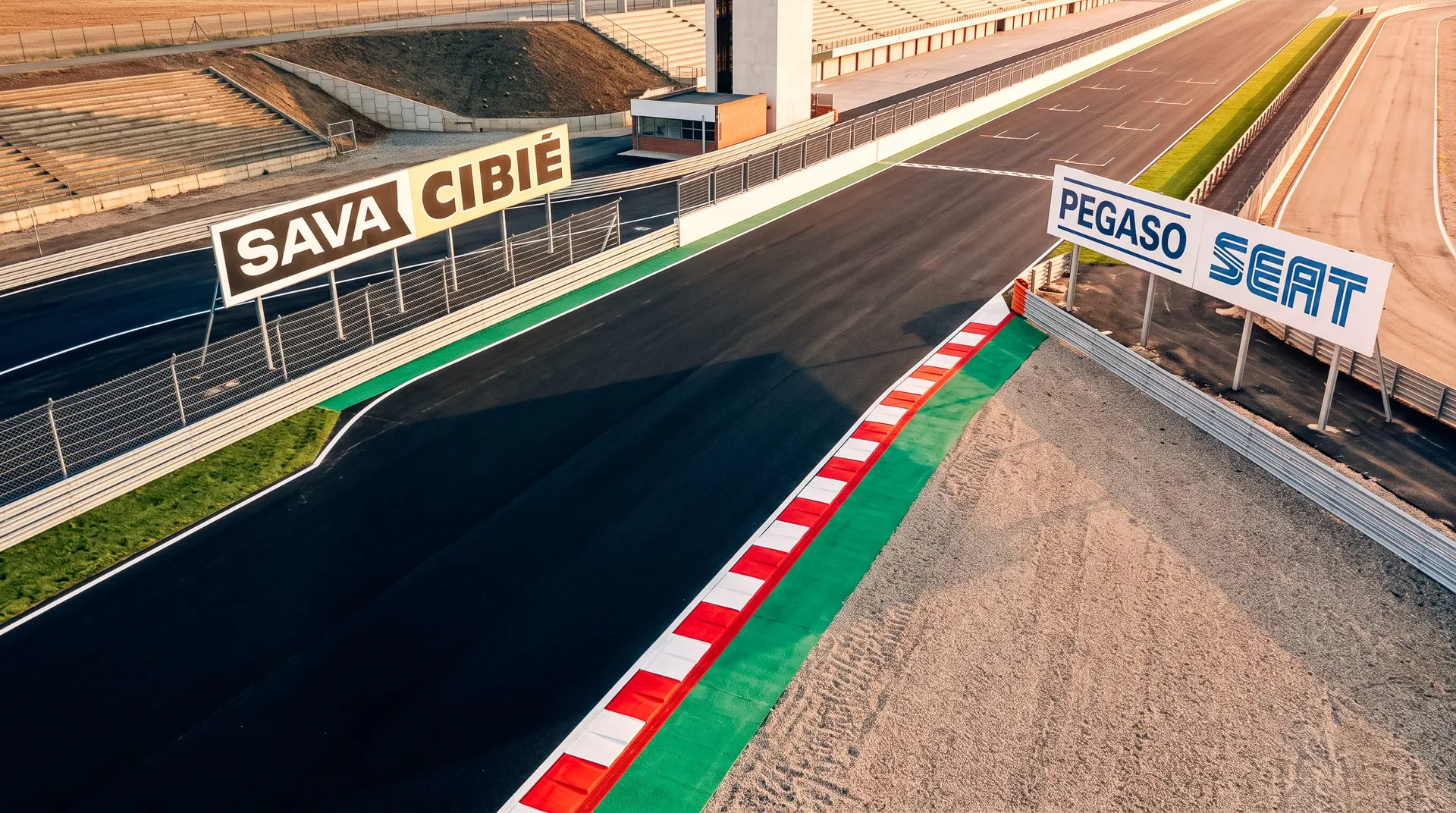 Aerial view of the start-finish straight at the Jarama circuit near Madrid with vintage sponsor boards