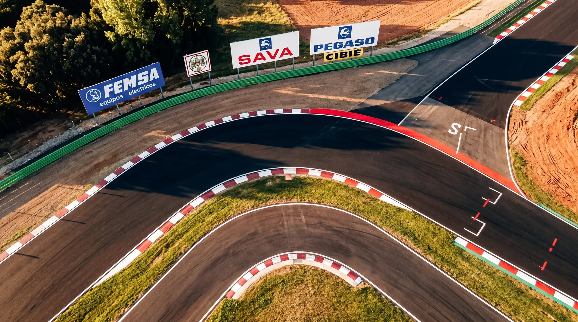 Aerial view of a sweeping corner sequence at the Jarama circuit near Madrid with vintage sponsor boards